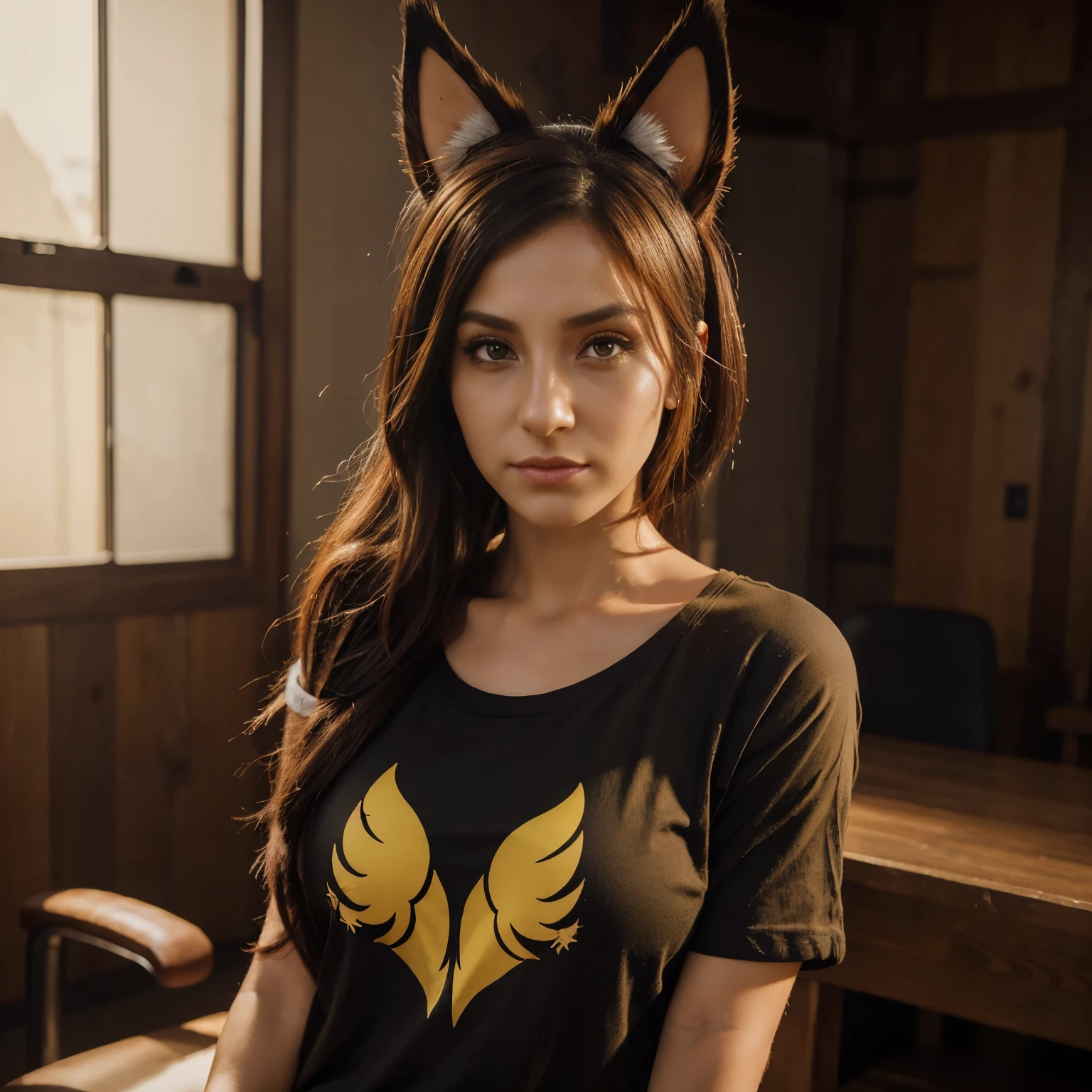 Xayah,t-shirt, animal ears, yellow eyes, pierced nose, casual clothes, portrait, stunning, hair over shoulder, hoodless, beautiful, 4k