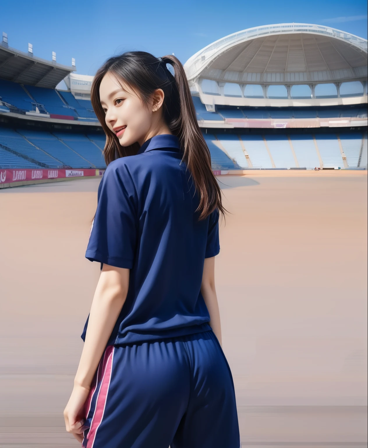 (best quality,10,10,height,Masterpiece:1.2),Special details,(realistic,ภาพrealistic,Realistic photos:1.37),1 cute girl on the football field,shiny, ผิวshiny,only,smile softly,BDclothelue shirt:1.3)),short sleeve,shirt, กางเกงขาlong.,(navy_long_track pants:1.1), ((stadium background:1.3)),Dynamic angle,excited,Face focus,dynamic poses,from behind,focus on ass,Masterpiece, best quality, ultra realistic, hyper-detail, 8K resolution, raw photos, Sharp focus, ((Navy blue shirt:1.1)), short sleeve, เส้นทางlong, perfect body, 2 mature women, 18 years old, Cinema-grade lighting system,blue sweatpants,shirtผ้าออกกำลังกาย,correct anatomy,perfect body, correct body, Sharp face, correct bodyทางกายวิภาค, full body, realistic gestures, long-haired, realistic poses,Wear long shorts................................,ช่วงขาlong,Good shape,carved girl, Slender figure, model, Good shape, beautiful body,blue sweatpants, two girls kissing