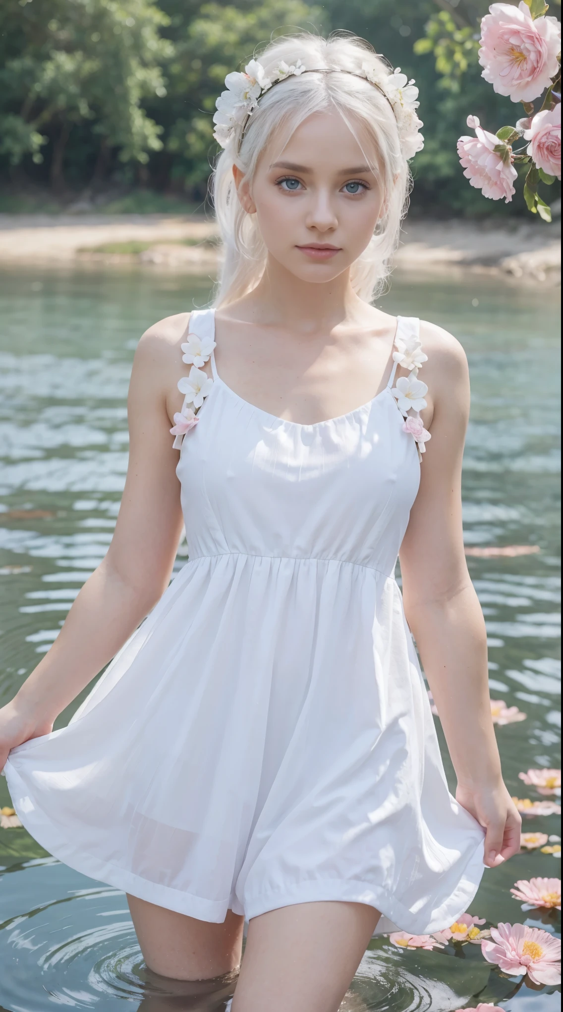 Close up Photo of a beautiful fashion model dressed in white and baby pink, cute outfit with white hair ,standing in the ripples of the water, flower and butterfly dress , detailed blue eyes , light pink flowers and white background
