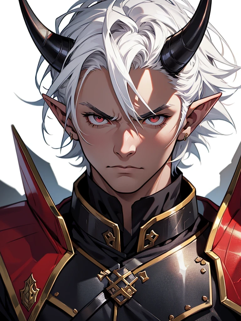 medieval anime art, masterpiece, best quality, by professional artist, male, solo, upper body portrait, detailed composition, detailed eyes, (((white background))), short spiky white hair, black eyes, horns, metallic skin, angry, wearing black and red armor, elf ears
