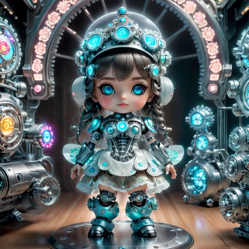 Pixar style, (Blind box toy style:1.2), (full-body shot) , 1 transparent cute mechanical nurse doll, Transparent mecha, Exquisite nurse hat:1.2, Luminous goggles:1.2, Colorful neon lights, High-tech mechanical parts, Metal body, Detailed mechanical metal design, bright colors, Dynamic glow, Reflective metal surface, bright environment, dynamic poses, Exquisite presence, skill improved, interlocking mechanical gears, Stylish design, motion blur effect, Detailed metal processing, Sci-fi atmosphere, Streamlined aerodynamic shape, Laser scanning pattern, Holographic projection, LED light track, beautiful and unforgettable, Advanced sensors, complex algorithm, Ominous and mysterious atmosphere, electric spark, Shiny chrome plating, Propulsion systems of the future, Clean, White background, (global illumination, Ray tracing, high dynamic range, Unreal rendering,Reasonable design, high detail, masterpiece, best quality, ultra high definition, light)，Chibi，locomotive，3d style