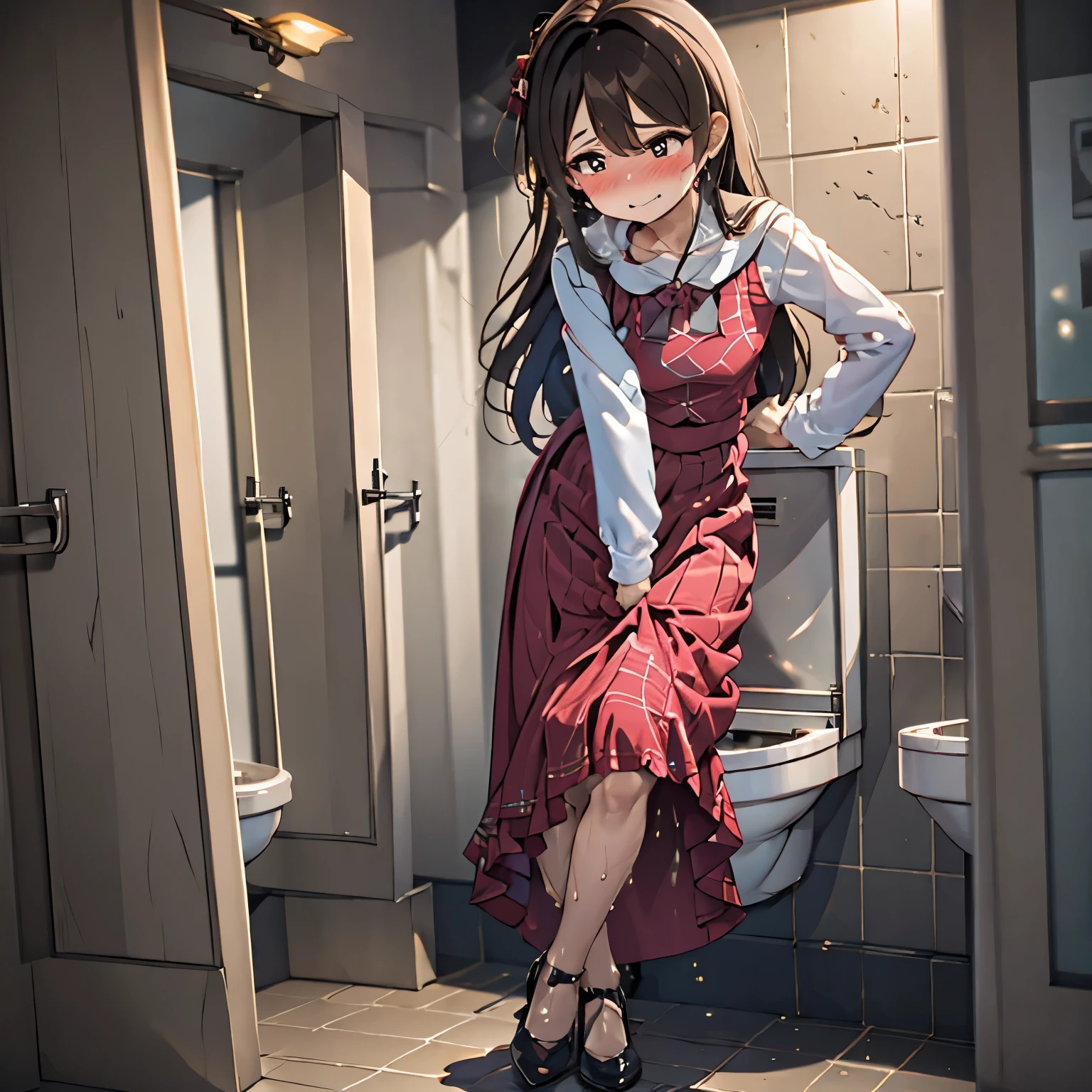 (ultra-detailed, best quality, anatomically perfect body:1.5), (1 girl, have to pee, very desperate to pee, have to pee), party venue, Women's restroom, Beautiful interior, (other women waiting in restroom together:1.7), (maxi dress, long skirt, petticoat, heels, messy bun:1.2), (have to pee), (knees together and feet apart), (hand between legs, leaning forward:1.1), (covering crotch:1.4), (constricted pupils:1.3), (erotic backward twist of the body:1.2), sad, (blush:1.5), (embarrassment:1.2), (flying sweat:1.4), fear, (breathless:1.8), (squint eyes:1.2), (looking away:1.1), wavy mouth, shiny skin, (full body:1.1), (skirt lift front:1.3), from side, from below