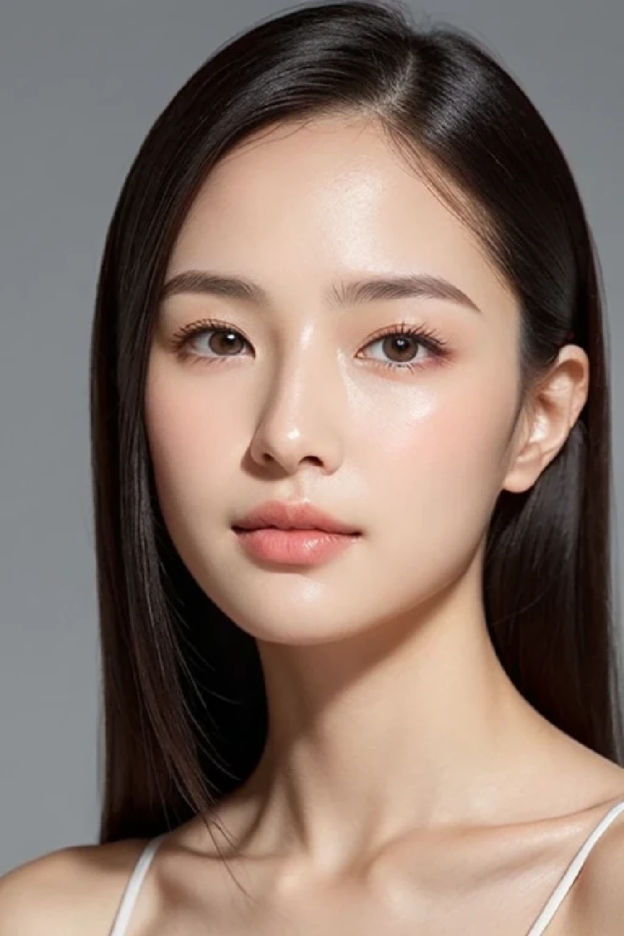 ((( waist to top))) Create a (( mid-shot )) photorealistic image of a beautiful Asian woman with fair, smooth, flawless skin. She has large, round, sparkling eyes with naturally long and curled eyelashes, and well-defined, dark eyebrows. Her nose is straight and high, and her naturally pink, soft lips form a gentle smile. She has short, slightly curled brown hair that highlights her delicate facial features. Her face is oval-shaped, with a wide and high forehead, moderately high cheekbones, and a pointed, slender chin. She is wearing a no bra , naked