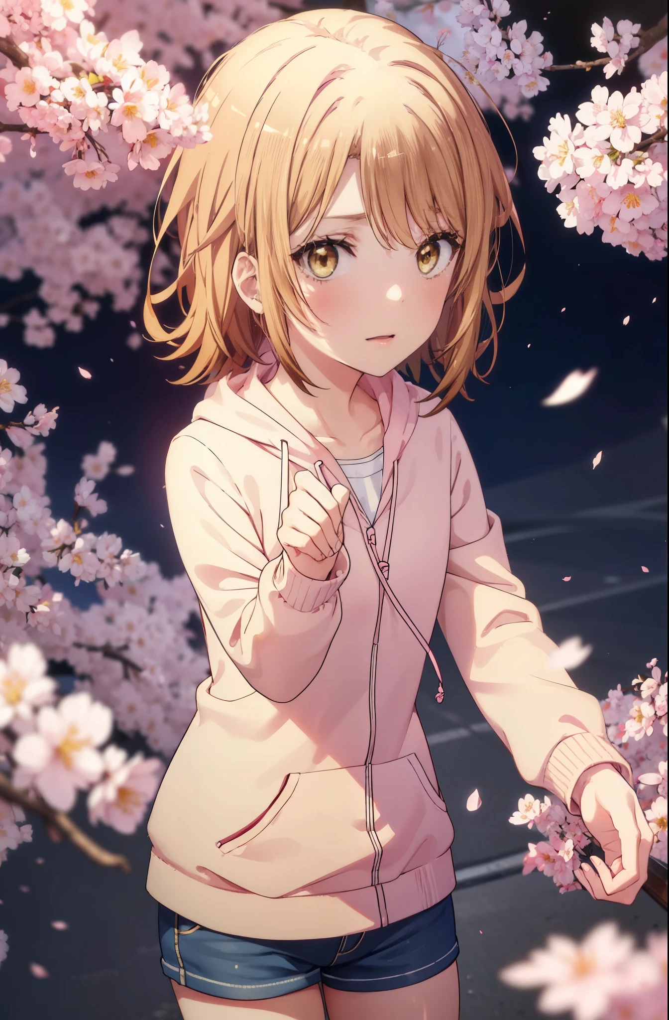 irohaisshiki, iroha isshiki, short hair, brown hair, (brown eyes:1.5), blush,smile,open your mouth,pink hoodie,short denim pants,black tights,knee high boots,Lots of cherry blossoms are blooming,Cherry blossoms are scattered,
break indoors, Cherry blossom tree-lined path,
break looking at viewer,whole body,Upper body,
break (masterpiece:1.2), highest quality, High resolution, unity 8k wallpaper, (shape:0.8), (thin and beautiful eyes:1.6), highly detailed face, perfect lighting, Very detailed CG, (perfect hands, perfect ???????),