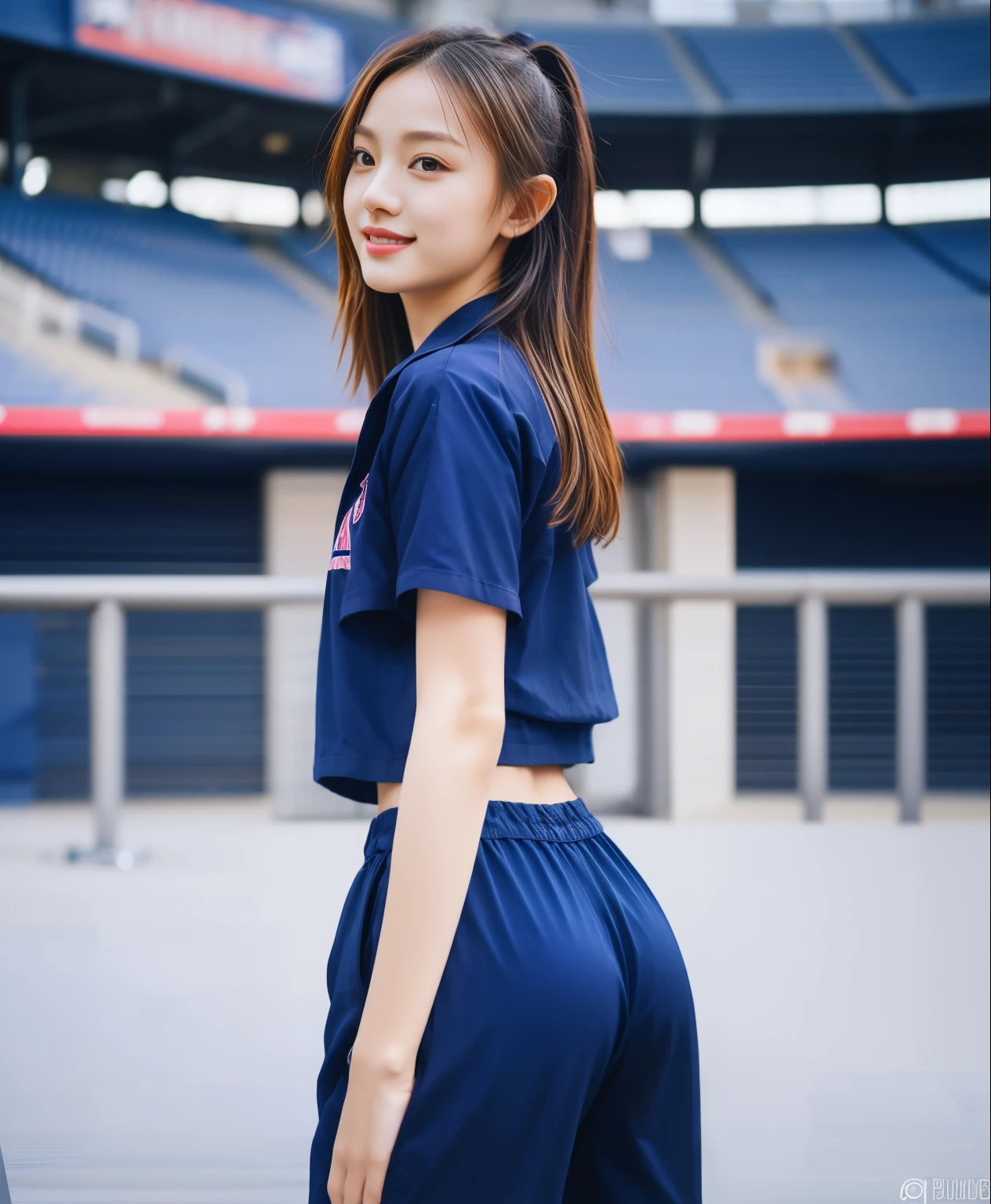 (best quality,10,10,height,Masterpiece:1.2),Special details,(realistic,ภาพrealistic,Realistic photos:1.37),1 cute girl on the football field,shiny, ผิวshiny,only,smile softly,BDclothelue shirt:1.3)),short sleeve,shirt, กางเกงขาlong.,(navy_long_track pants:1.1), ((stadium background:1.3)),Dynamic angle,excited,Face focus,dynamic poses,from behind,focus on ass,Masterpiece, best quality, ultra realistic, hyper-detail, 8K resolution, raw photos, Sharp focus, ((Navy blue shirt:1.1)), short sleeve, เส้นทางlong, perfect body, 2 mature women, 18 years old, Cinema-grade lighting system,blue sweatpants,shirtผ้าออกกำลังกาย,correct anatomy,perfect body, correct body, Sharp face, correct bodyทางกายวิภาค, full body, realistic gestures, long-haired, realistic poses,Wear long shorts................................,ช่วงขาlong,Good shape,carved girl, Slender figure, model, Good shape, beautiful body,blue sweatpants, two girls kissing