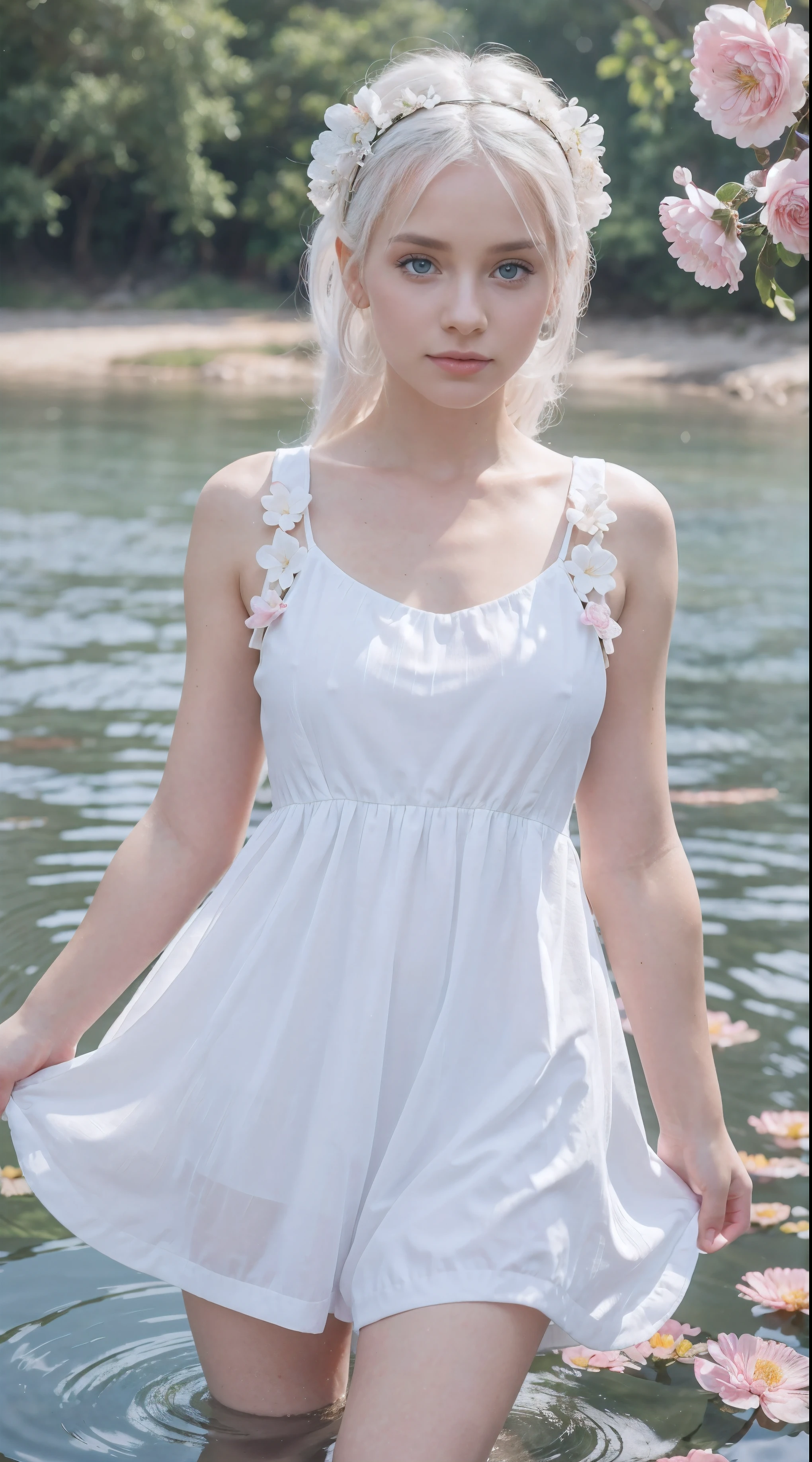 Close up photo of a beautiful fashion model, dressed in white and soft pink., cute outfit with white hair ,I'm standing in the ripples of water, dress with flowers and butterflies , Detailed blue eyes , light pink flowers and white background