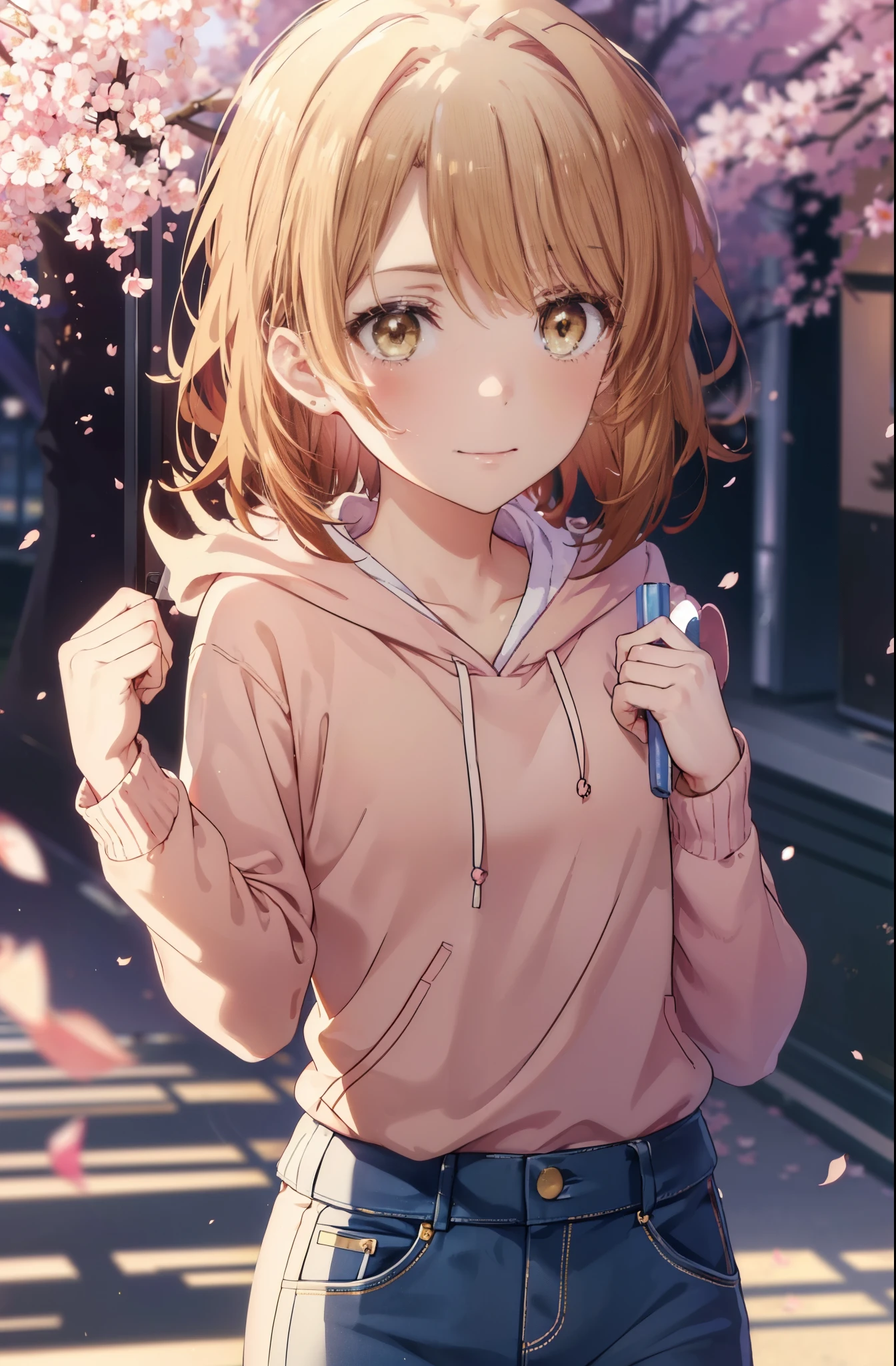 irohaisshiki, iroha isshiki, short hair, brown hair, (brown eyes:1.5), blush,smile,open your mouth,pink hoodie,short denim pants,Knee-high boots,Lots of cherry blossoms are blooming,Cherry blossoms are scattered,put both arms behind one's back,slouch,
break indoors, Cherry blossom tree-lined path,
break looking at viewer,whole body,Upper body,
break (masterpiece:1.2), highest quality, High resolution, unity 8k wallpaper, (shape:0.8), (thin and beautiful eyes:1.6), highly detailed face, perfect lighting, Very detailed CG, (perfect hands, perfect anatomy),