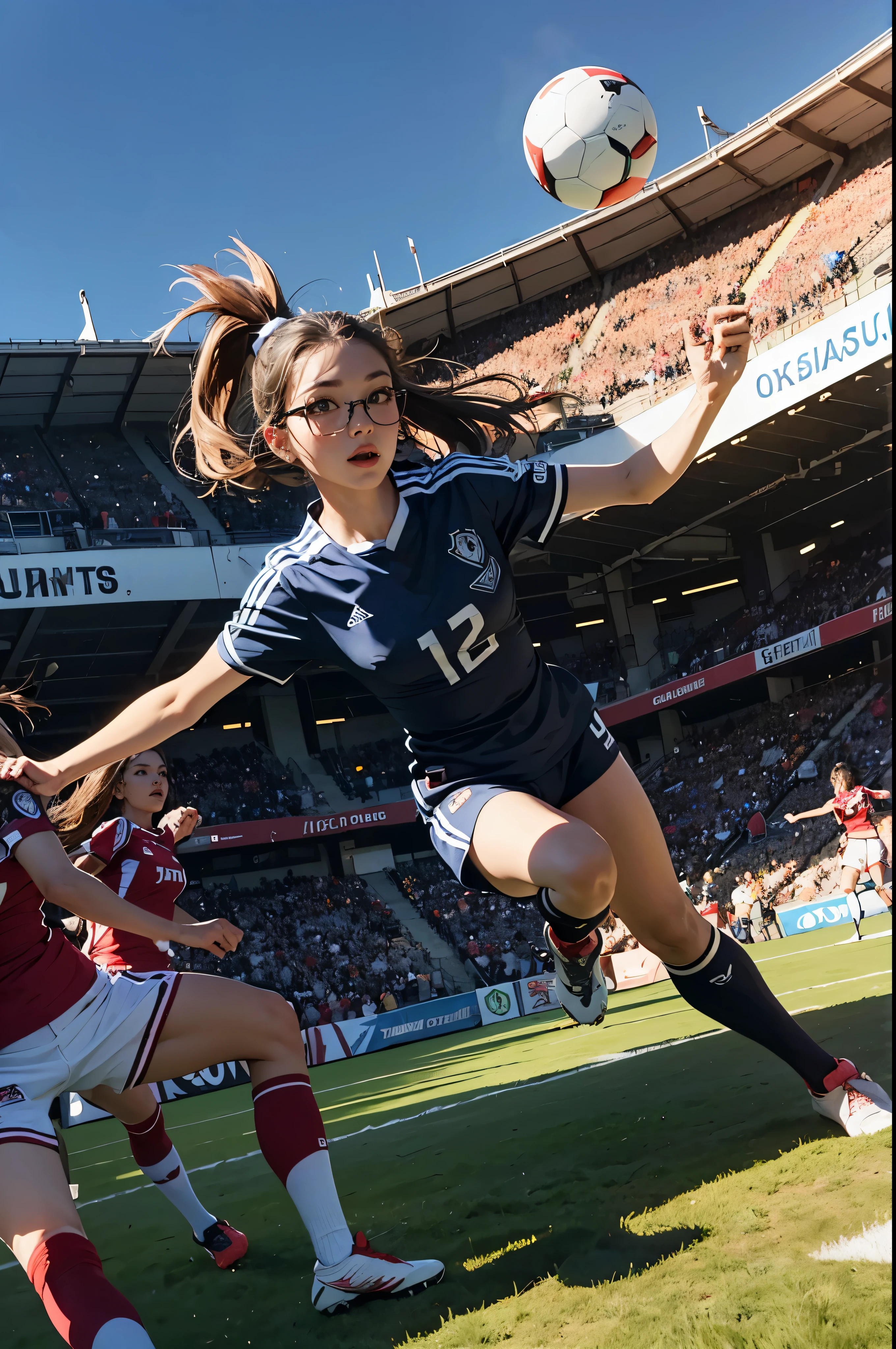 ((wide angle)), women's football competition, black hair, Ponytail, smooth, ((wear glasses))