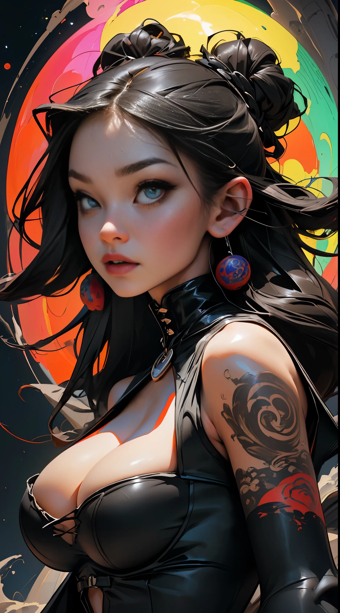 (masterpiece, top quality, best quality, official art, beautiful, cosmic, atmospheric, psychedelic, dreamlike and aesthetic, swirling psychedelic cosmic graffiti patterns:1.2), (1gothicgirl), extreme detailed,(fractal art:1.3),colorful,highest detailed, "(Best Quality, 8K, 32K, masutepiece:1.3), Ultra-detailed, (Photorealistic:1.4), perfect color scheme, albino, gothic horror Girl, Detailed moonlight eyes, full body portrait, very long luxurious black and blonde hair, Edgy Harajuku-inspired gothic fashion, super huge enormously gigantic tits, cleavage showing, Avant-garde gothic makeup, Numerous piercings, Heavily tattooed body, swirling psychedelic cosmic dreamlike gothic horror graffiti pattern background