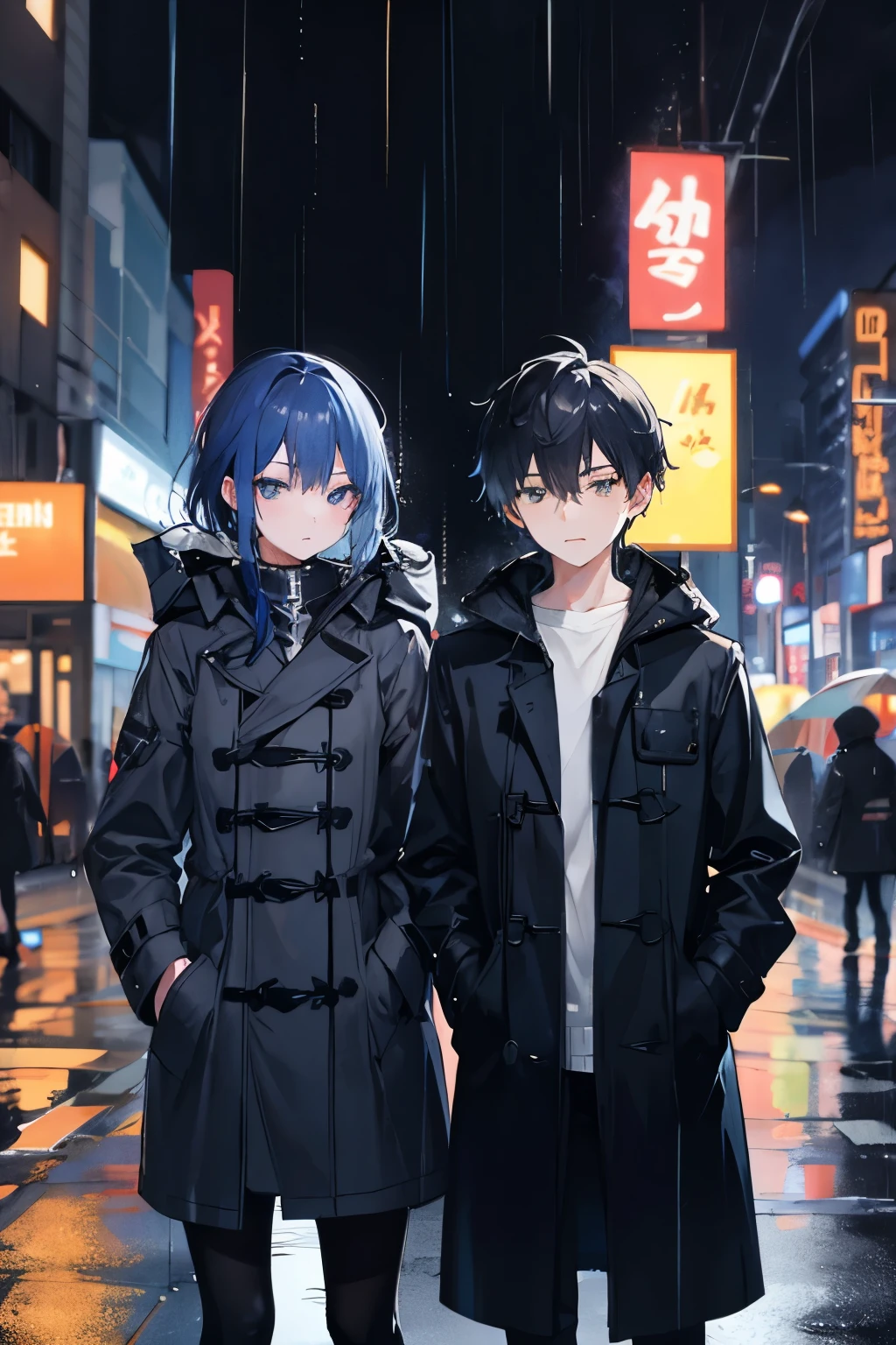 1girl 2 boys,night city,rain,coat,hands in pockets