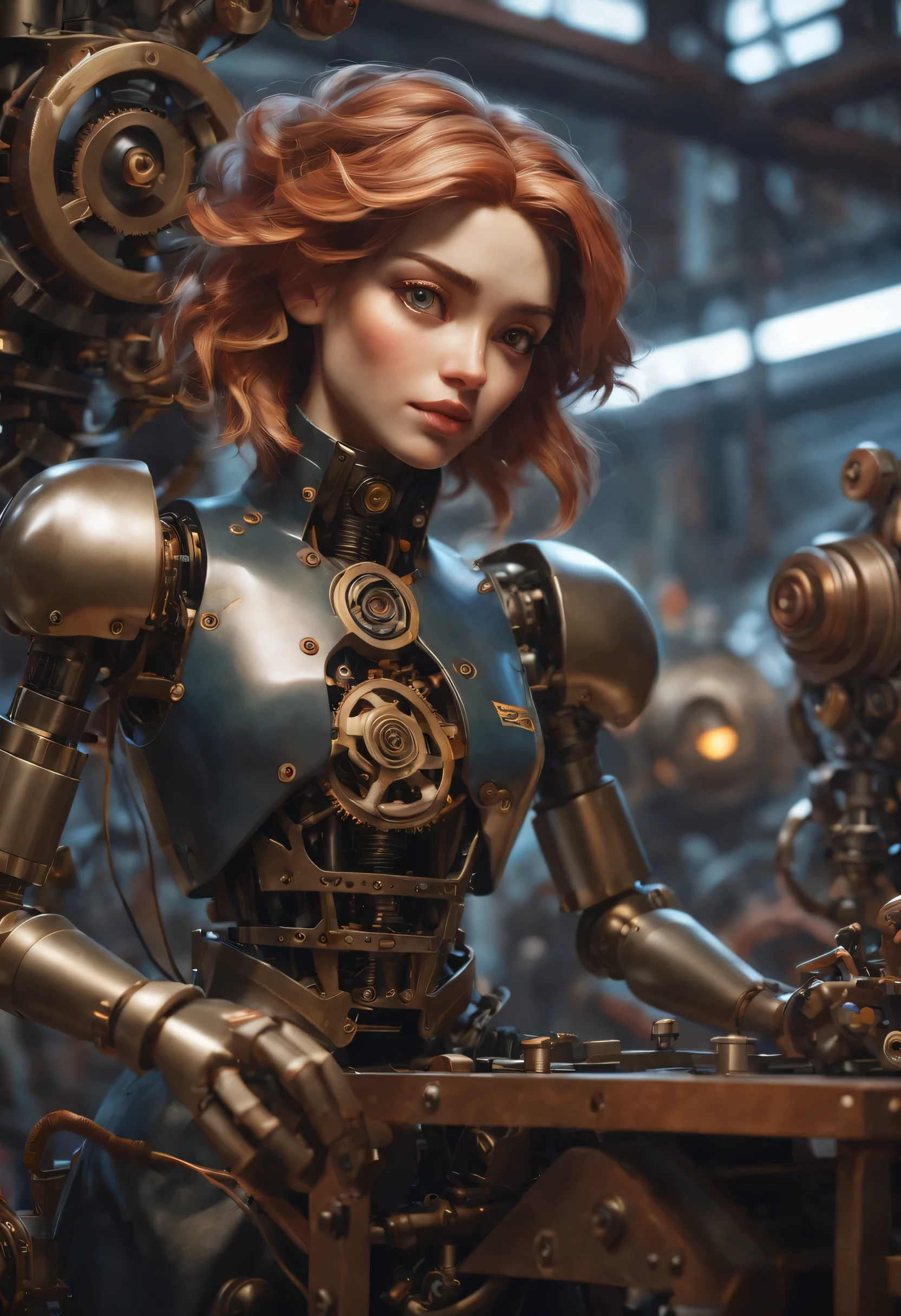 closeup of a Mechanical puppet, in background: Mechanical Puppetmasters factory interior with mechanical parts by Ross Tran, WLOP style, highly detailed, digital painting, artstation, concept art, smooth, sharp focus, illustration, cinematic lighting, art by artgerm and greg rutkowski and alphonse mucha, 8k, unreal engine 5