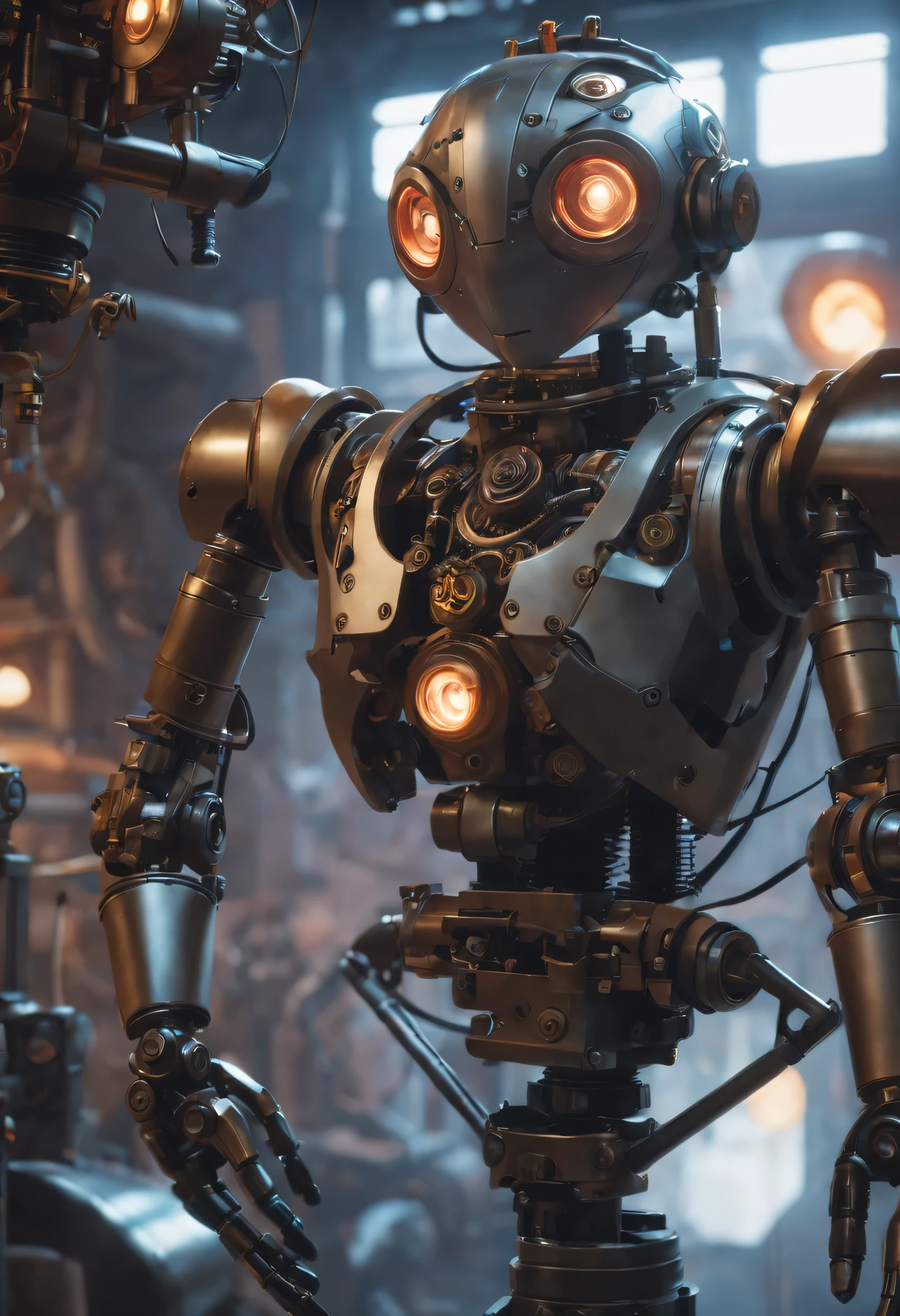 closeup of a Mechanical puppet, in background: Mechanical Puppetmasters factory interior with mechanical parts by Ross Tran, WLOP style, highly detailed, digital painting, artstation, concept art, smooth, sharp focus, illustration, cinematic lighting, art by artgerm and greg rutkowski and alphonse mucha, 8k, unreal engine 5