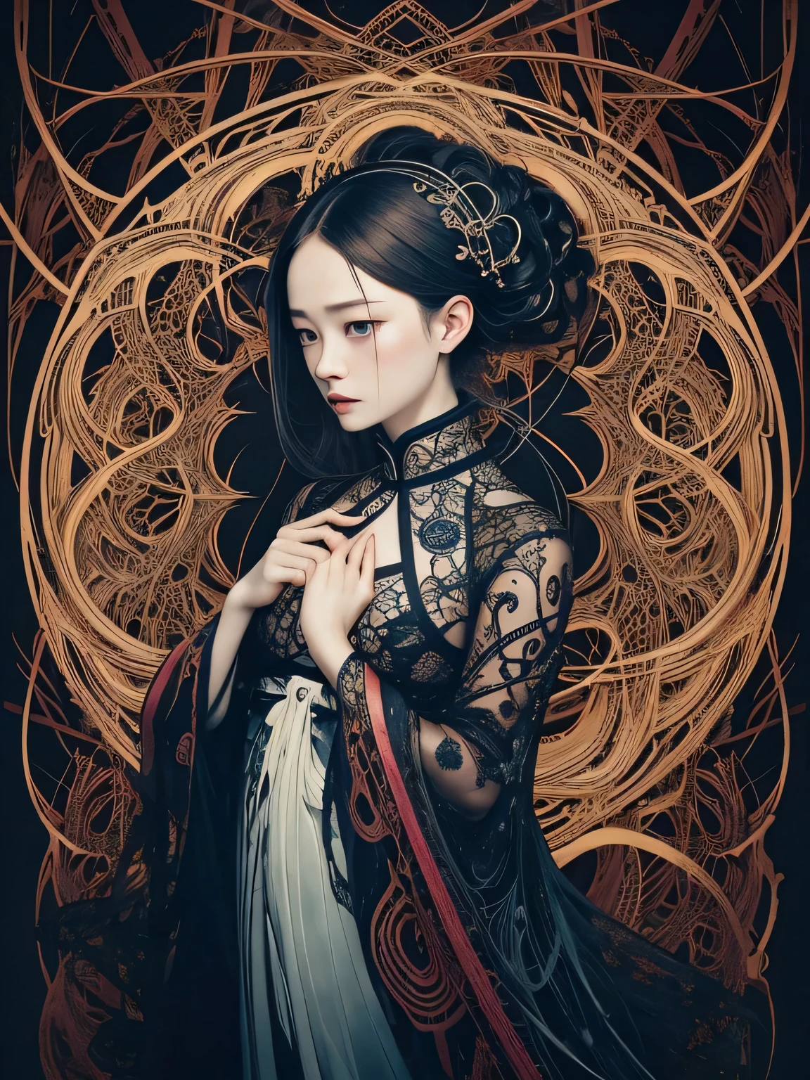 official art, unity 8k wallpaper, ultra detailed, beautiful and aesthetic, masterpiece, best quality, (zentangle, mandala, tangle, entangle), (fractal art:1.3) , 1girl, extremely detailed, dynamic angle, cowboyshot, the most beautiful form of chaos, elegant, a brutalist designed, vivid colours, romanticism, by james jean, roby dwi antono, ross tran, francis bacon, michal mraz, adrian ghenie, petra cortright, gerhard richter, takato yamamoto, ashley wood, atmospheric, ecstasy of musical notes, streaming musical notes visible
