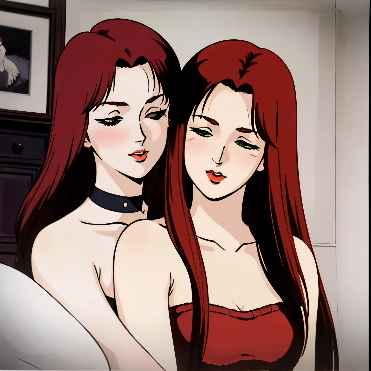 masterpiece,high quality,highres,nsfw, christinamackenzie,2girls, bedroom, facing camera, thin body, arched back, curved butt, belly, black corset, kiss mouth, pucker kiss,smooch kiss, horny, closed eyes, (red lips:1.0), choker, face blush, (pale skin:1.2), long hair,parted bangs,red hair,green eyes, 