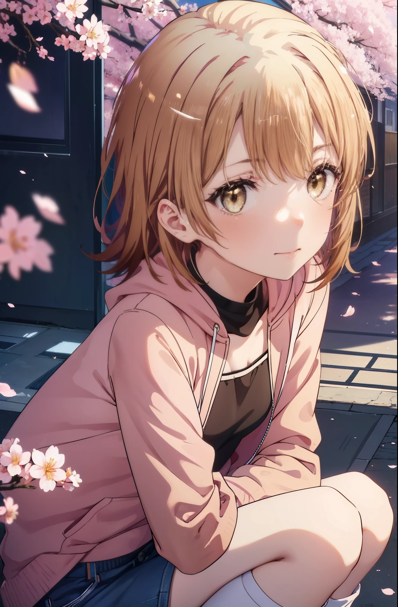 irohaisshiki, iroha isshiki, short hair, brown hair, (brown eyes:1.5), blush,smile,open your mouth,pink hoodie,short denim pants,Knee-high boots,Lots of cherry blossoms are blooming,Cherry blossoms are scattered,put both arms behind one's back,slouch,
break indoors, Cherry blossom tree-lined path,
break looking at viewer,whole body,Upper body,
break (masterpiece:1.2), highest quality, High resolution, unity 8k wallpaper, (shape:0.8), (thin and beautiful eyes:1.6), highly detailed face, perfect lighting, Very detailed CG, (perfect hands, perfect anatomy),