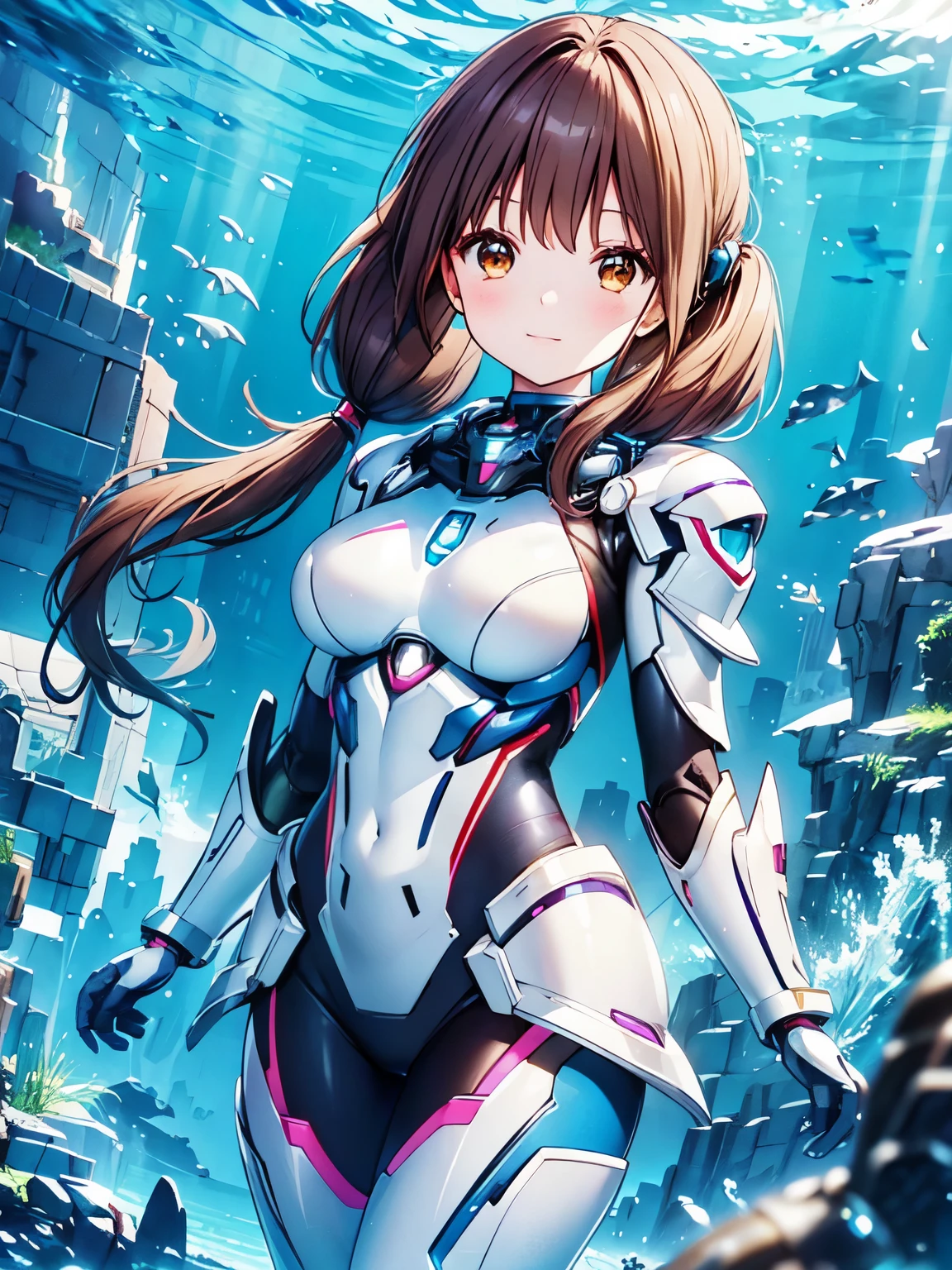 Underwater photography in futuristic costumes、brown eyes on underwater background, medium hair、Slightly low twintails、underwater hair physics,bubbles,Light coming in from water,reflector,Put in water,Split layer of water,school of fish,wearing futuristic white armor, Girl wearing mechanical cyber armor, unreal engine rendering + welcome, cyborg porcelain armor, shiny white armor, gynoid cyborg body, beautiful and attractive cyborg woman, diverse cyber suits, beautiful cyborg woman, beautiful girl cyborg, wearing futuristic armor, perfect cyborg woman、shine,Rinko_Yamato、　highest quality