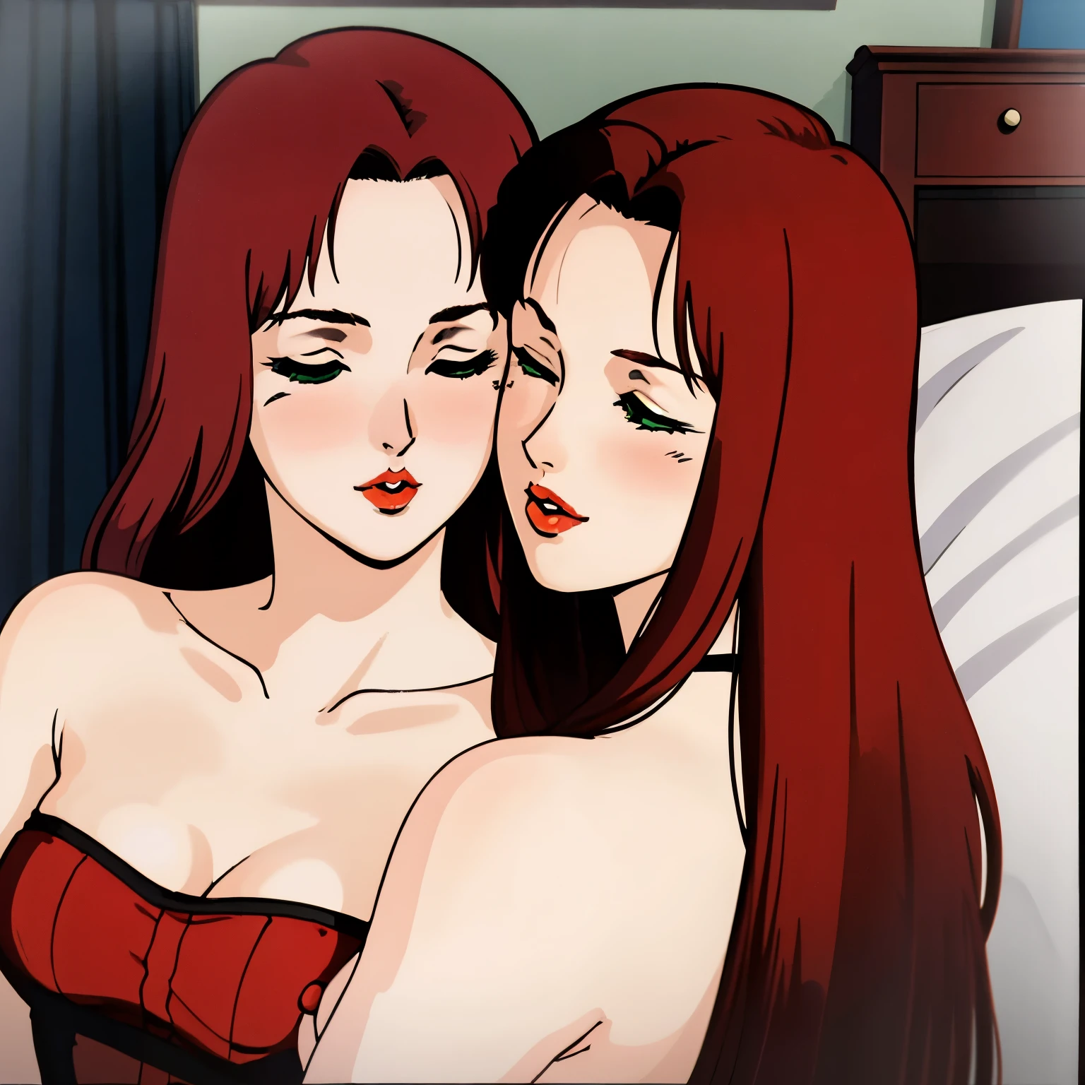 masterpiece,high quality,highres,nsfw, christinamackenzie,2girls, bedroom, facing camera, thin body, arched back, curved butt, belly, red corset, kiss mouth, pucker kiss,smooch kiss, horny, closed eyes, (red lips:1.0), choker, face blush, (pale skin:1.2), long hair,parted bangs,red hair,green eyes, 