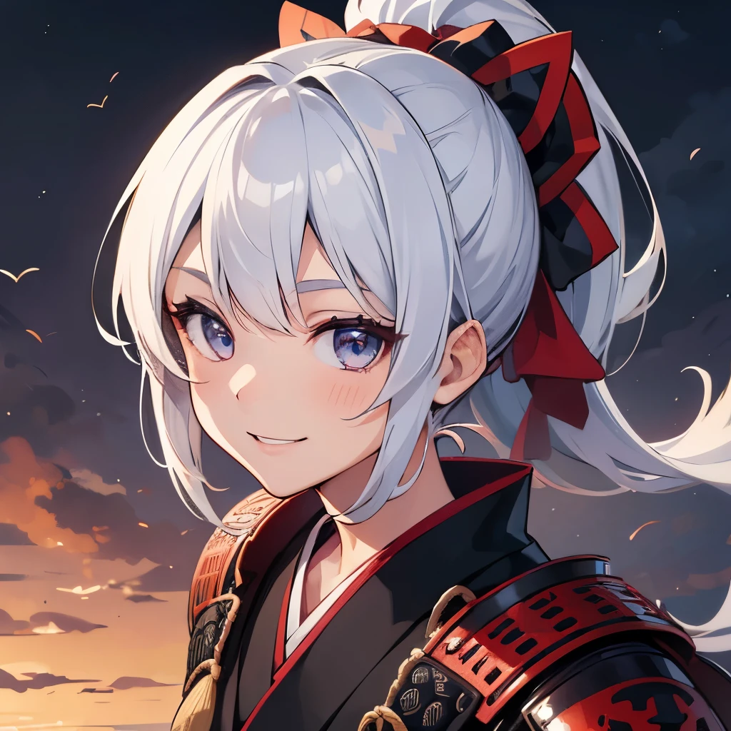 1girl, five fingers, looking at viewer, ponytail, ((best quality)), ((ultra-detailed)), face focus, samurai, Japanese clothes armor, dynamic angle, smile, 