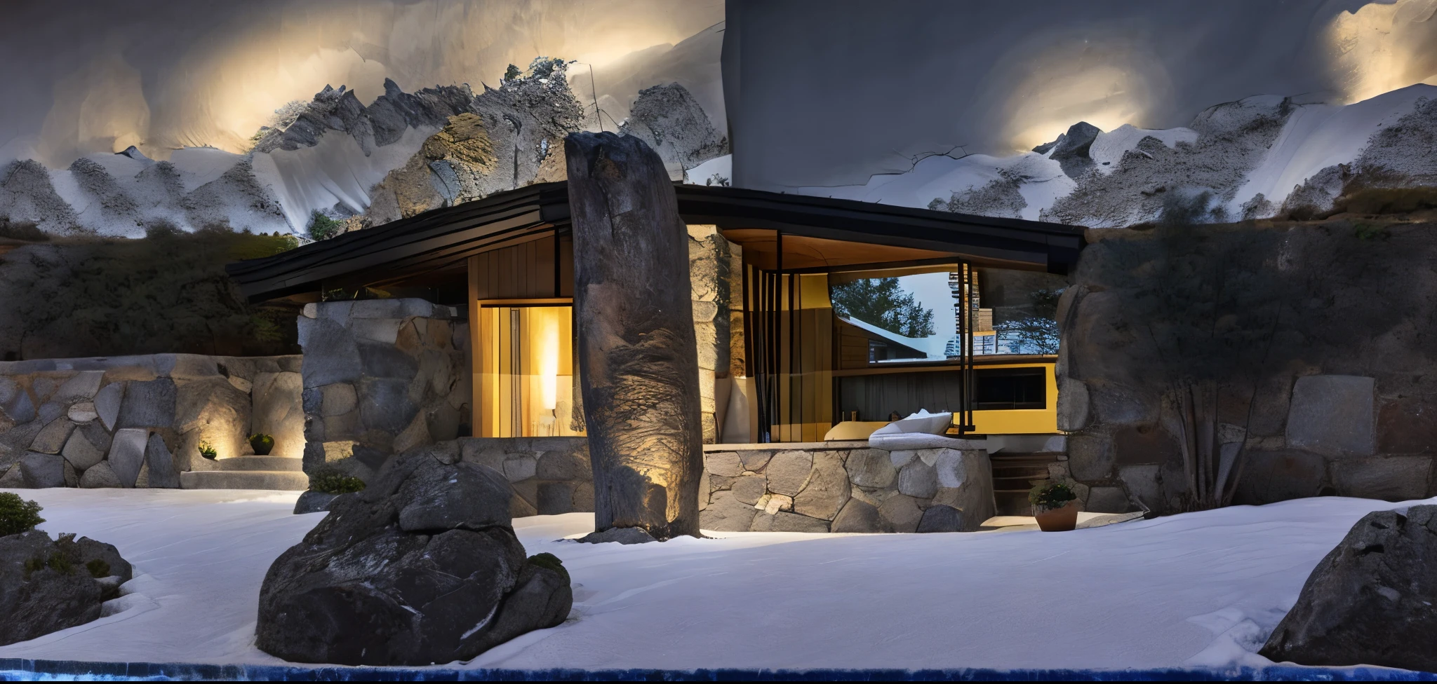 Stone walls、Log doors and windows、Courtyard view