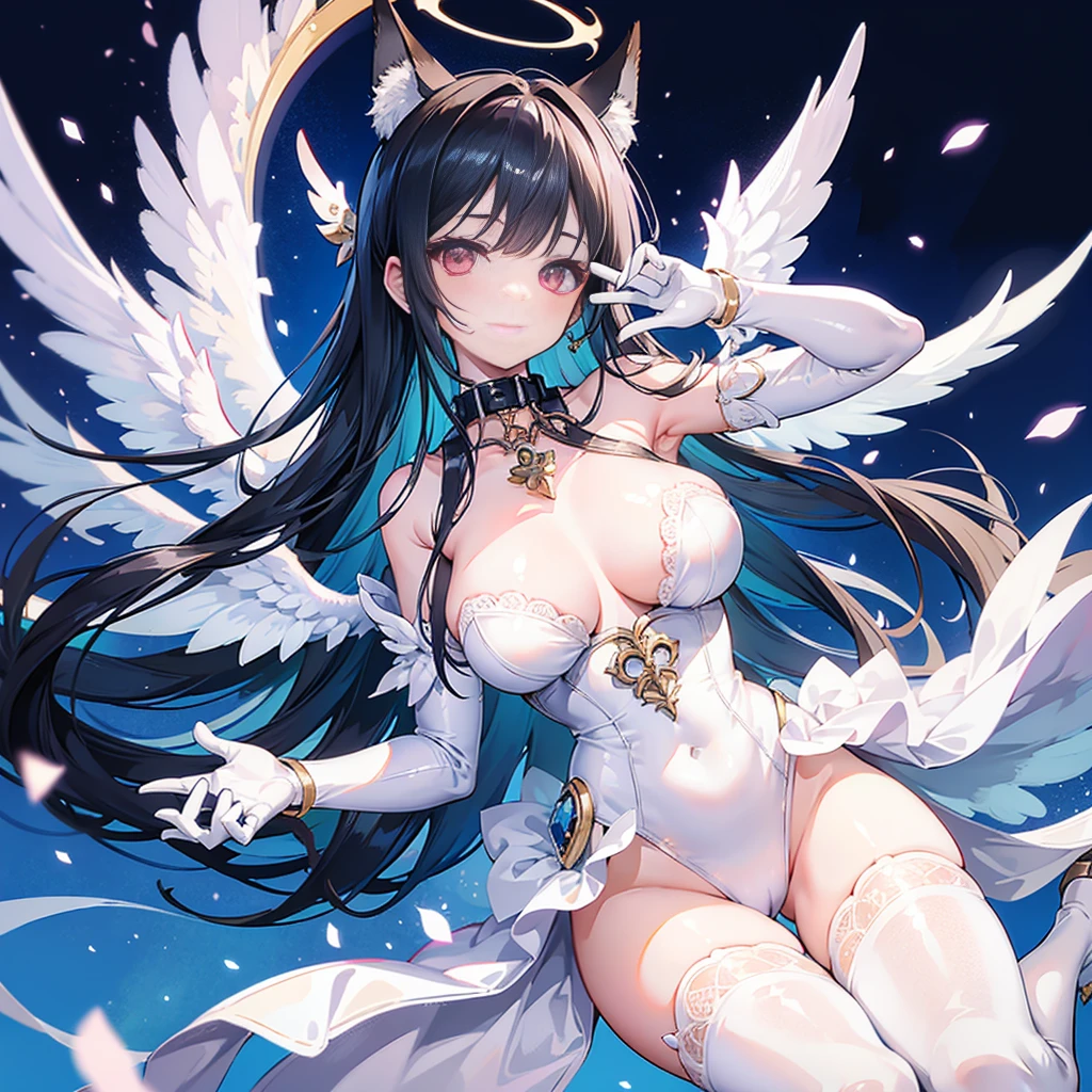 high quality, masterpiece, Super detailed, full body portrait,1 girl, Extremely detailed faces, White lace latex bodysuit,white gloves,angel halo,angel wings,BDSM,handcuffs,collar,calm expression,Smile,handcuffs,collar,long black hair, charming pink eyes, fox ears, Ridiculously big, shiny skin, Fly in the sky,bright sky,