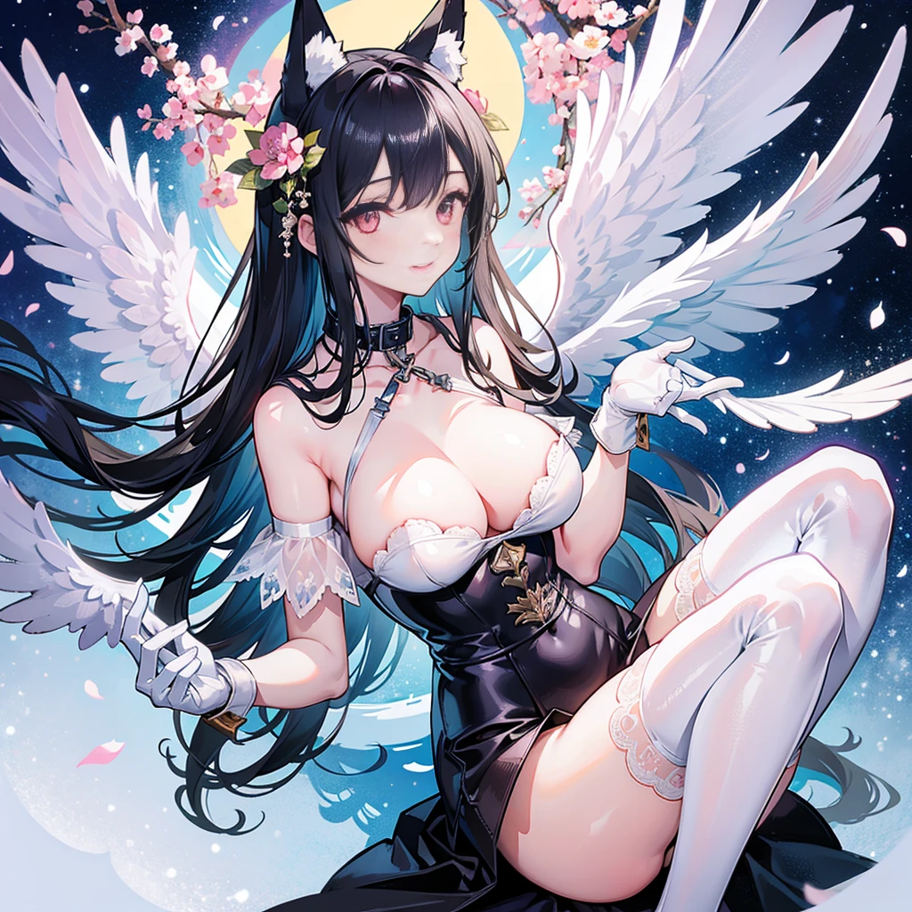 high quality, masterpiece, Super detailed, full body portrait,1 girl, Extremely detailed faces, White lace latex bodysuit,white gloves,angel halo,angel wings,BDSM,handcuffs,collar,calm expression,Smile,handcuffs,collar,long black hair, charming pink eyes, fox ears, Ridiculously big, shiny skin, Fly in the sky,bright sky,