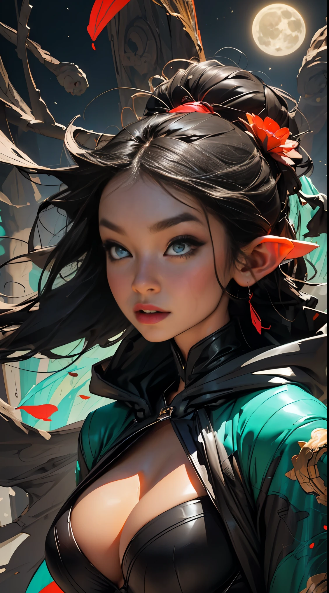 (masterpiece, top quality, best quality, official art, beautiful, cosmic, atmospheric, psychedelic, dreamlike and aesthetic, swirling psychedelic cosmic graffiti patterns:1.2), (1elfgirl), extreme detailed,(fractal art:1.3),colorful,highest detailed, "(Best Quality, 8K, 32K, masutepiece:1.3), Ultra-detailed, (Photorealistic:1.4), perfect color scheme, albino, elf princess Girl, Detailed moonlight eyes, full body portrait, sexy seductive slutty pose, very long luxurious blue hair, highly detailed Harajuku-inspired hooded battle armor, super huge enormously gigantic tits, cleavage showing, Avant-garde makeup, Numerous piercings, Heavily tattooed body, flower pedals and butterflies blowing in the wind, enchanted cosmic aesthetic atmospheric dreamlike forest background 