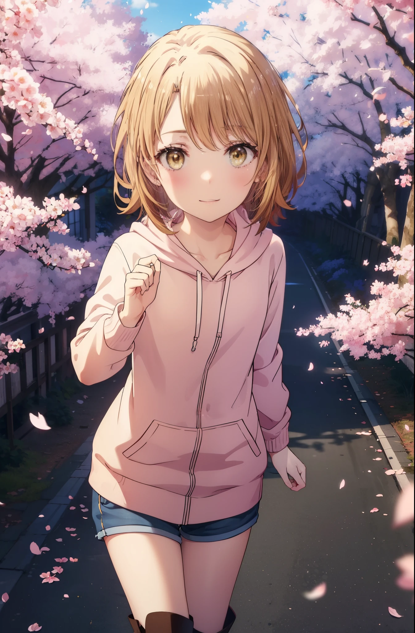 irohaisshiki, iroha isshiki, short hair, brown hair, (brown eyes:1.5), blush,smile,open your mouth,pink hoodie,short denim pants bare legs,Knee-high boots,Lots of cherry blossoms are blooming,Cherry blossoms are scattered,put both arms behind one's back,slouch,
break indoors, Cherry blossom tree-lined path,
break looking at viewer,whole body,Upper body,
break (masterpiece:1.2), highest quality, High resolution, unity 8k wallpaper, (shape:0.8), (thin and beautiful eyes:1.6), highly detailed face, perfect lighting, Very detailed CG, (perfect hands, perfect anatomy),