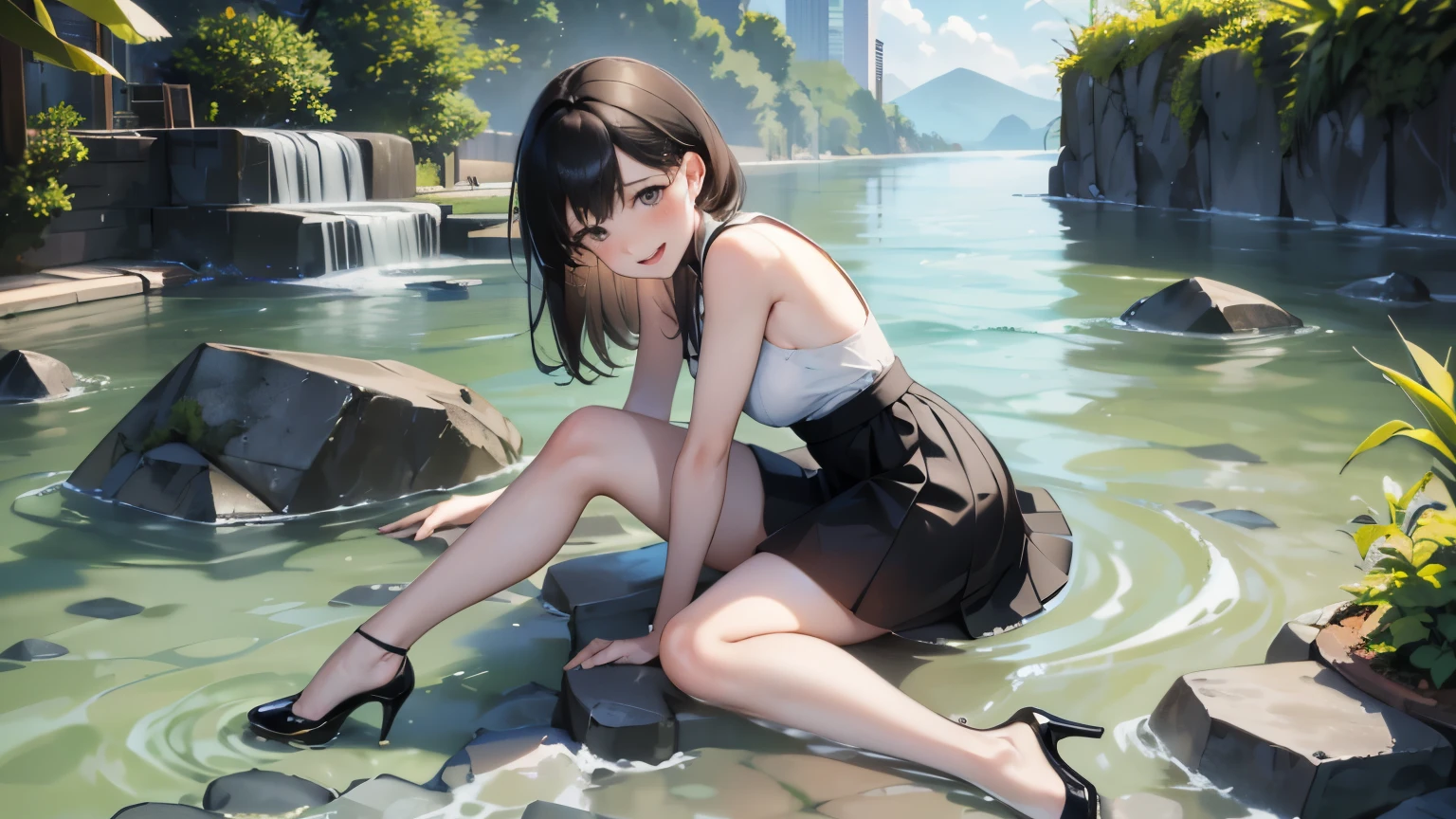 masterpiece，Highest quality，a boy，man and daughter，black skirt，daring attire，enjoy，super high heels，in the water，Step by step，Soaked all over，blush，Smile，uncomfortable，nervous，white liquid，short black hair，half naked，Lie down--automatic