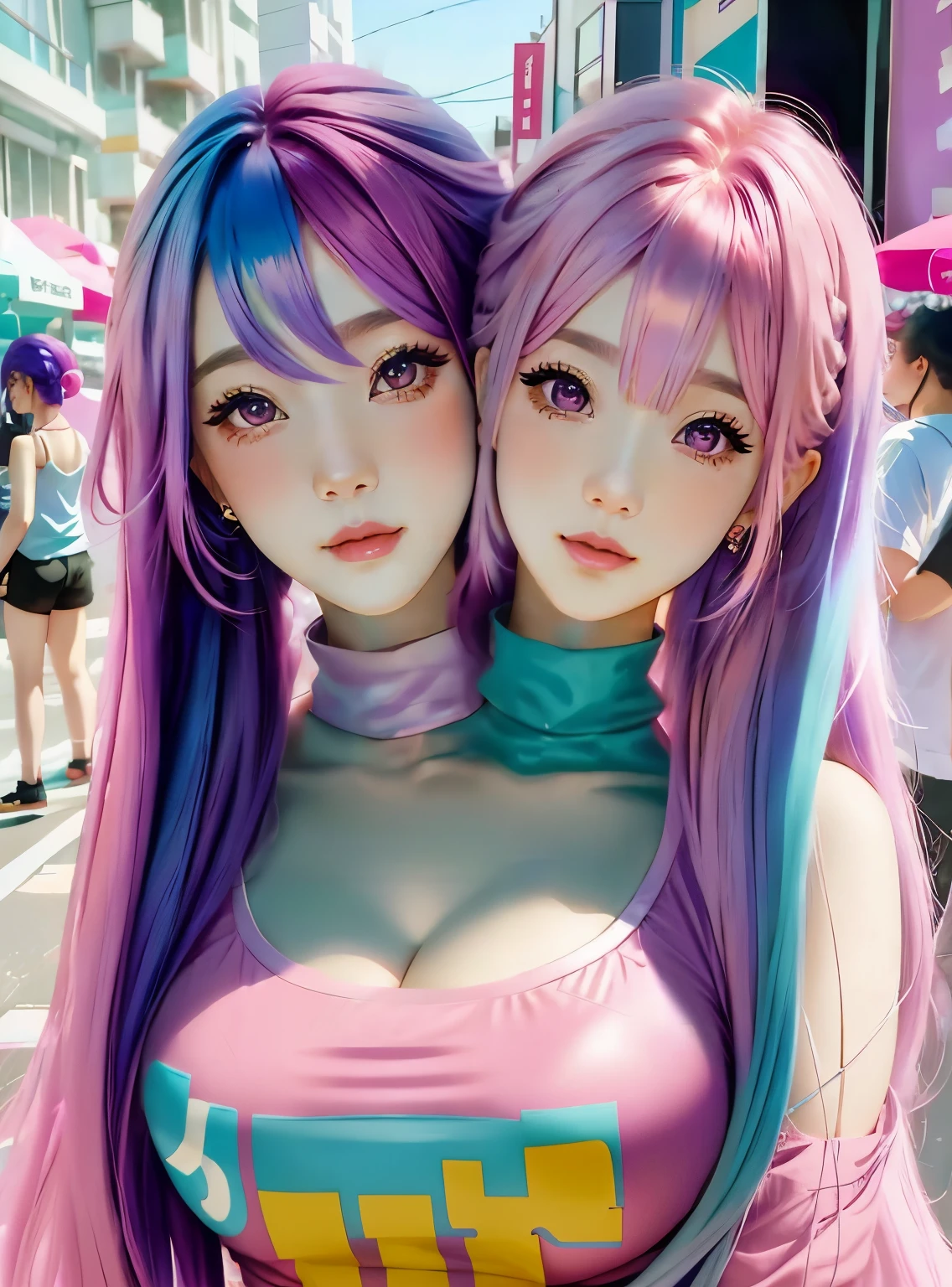 (Twoheads), 1girl with colorful hair and pink and purple hair are posing for a picture, asian women, pink hair, rossdraws pastel vibrant, beautiful sci - fi twins, loish and ross tran, beautiful gemini twins portrait, inspired by Yanjun Cheng, artwork in the style of guweiz, beautiful gemini twins, anime styled digital art,