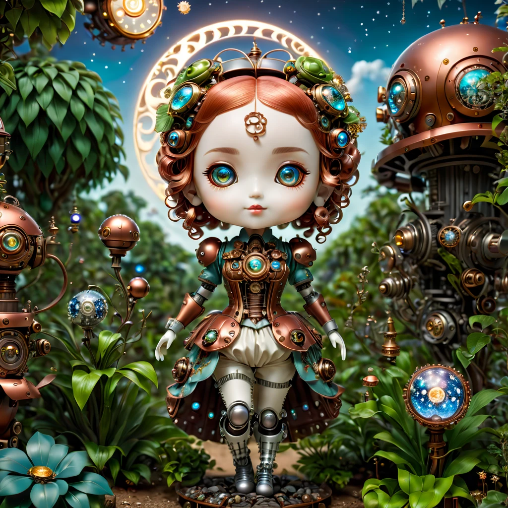 Pixar style, (Blind box toy style:1.2), (full-body shot) , A cute mechanical doll dressed in retro-style clothes stands in a fantasy garden full of steampunk elements. Its body is made of exquisite copper and silver parts, and its eyes are like two glowing gems. Surrounding it are various strange plants and clockwork animals, with a background featuring a huge moon and a starry night sky, Clean, White background, (global illumination, Ray tracing, high dynamic range, Unreal rendering,Reasonable design, high detail, masterpiece, best quality, ultra high definition, light)，Chibi，locomotive，3d style