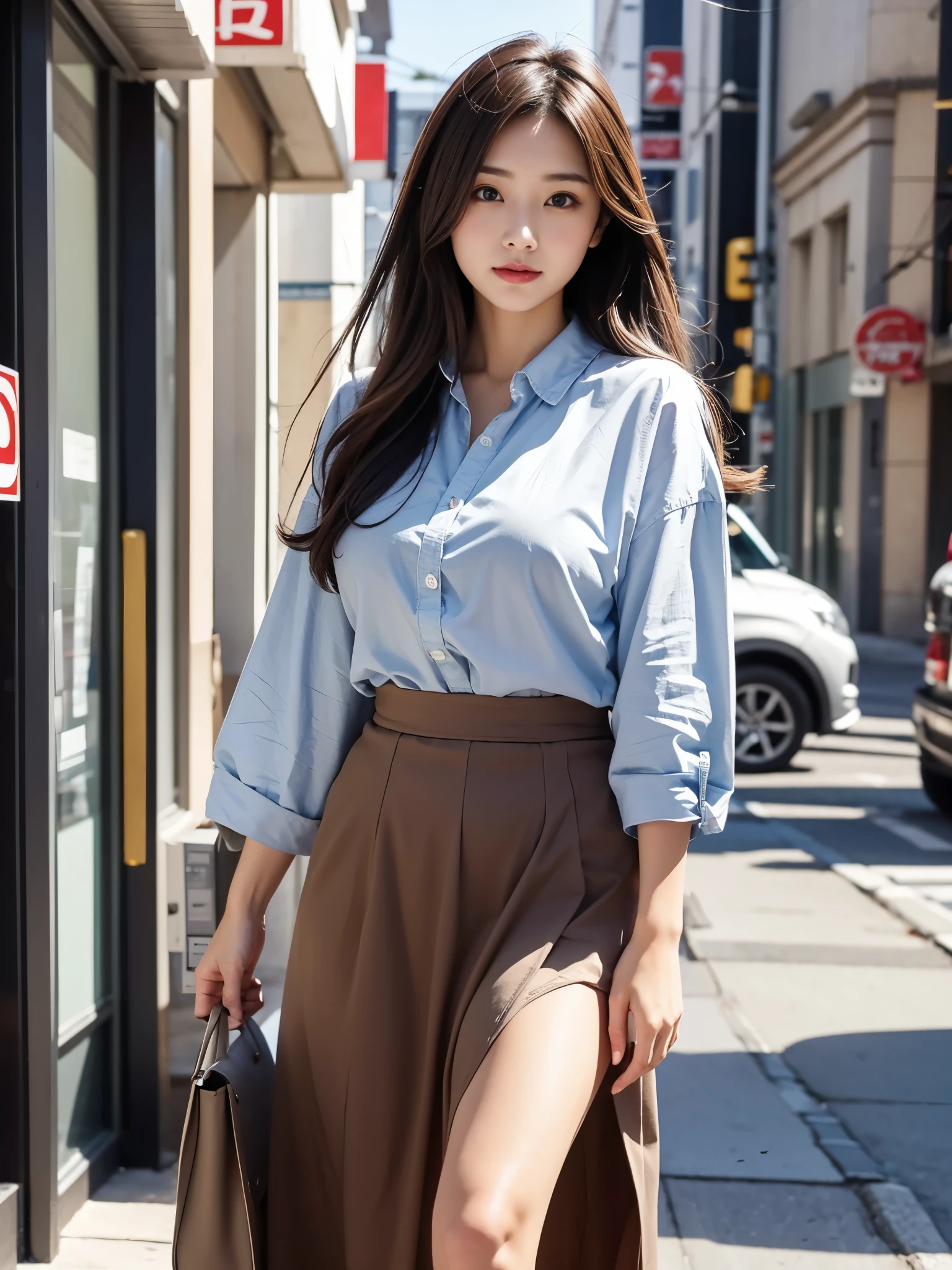 japanese woman、brown hair、beautiful girl、big breasts、1 female、y shirt、long skirt、In town