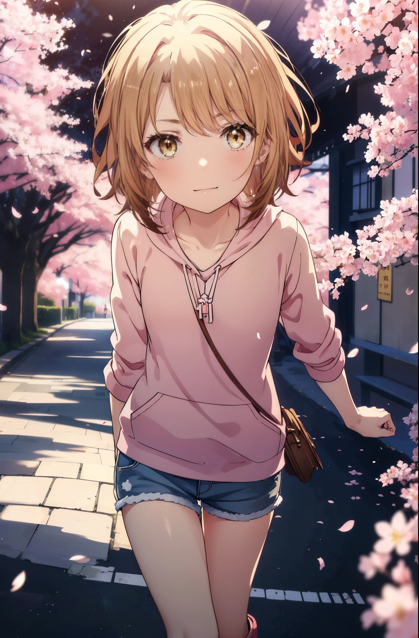 irohaisshiki, iroha isshiki, short hair, brown hair, (brown eyes:1.5), blush,smile,open your mouth,pink hoodie,short denim pants bare legs,Knee-high boots,Lots of cherry blossoms are blooming,Cherry blossoms are scattered,put both arms behind one&#39;s back,slouch,
break indoors, Cherry blossom tree-lined path,
break looking at viewer,whole body,Upper body,
break (masterpiece:1.2), highest quality, High resolution, unity 8k wallpaper, (shape:0.8), (thin and beautiful eyes:1.6), highly detailed face, perfect lighting, Very detailed CG, (perfect hands, perfect anatomy),
