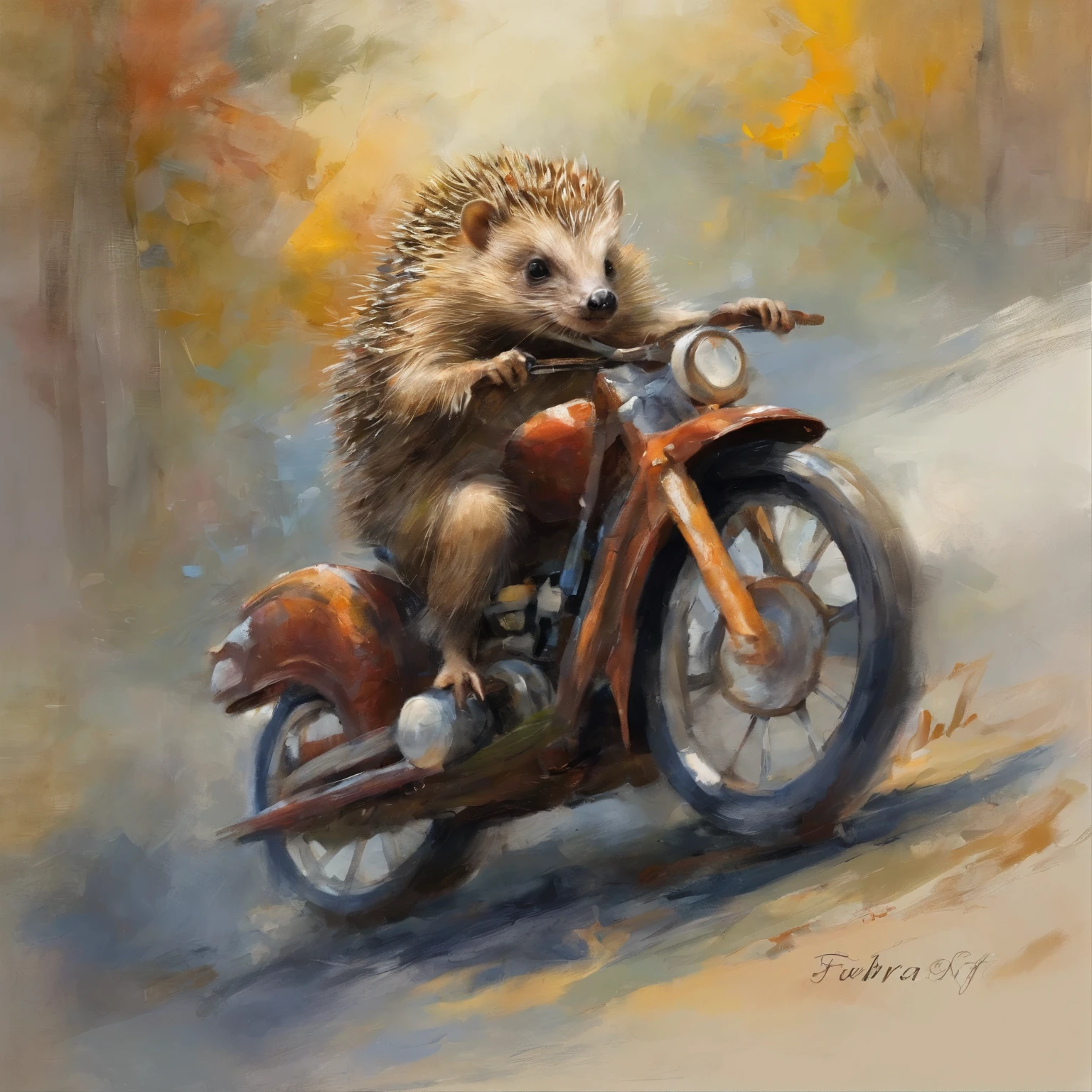 Hedgehog riding a motorcycle、fantasy creation illustration、Fofura fofa
