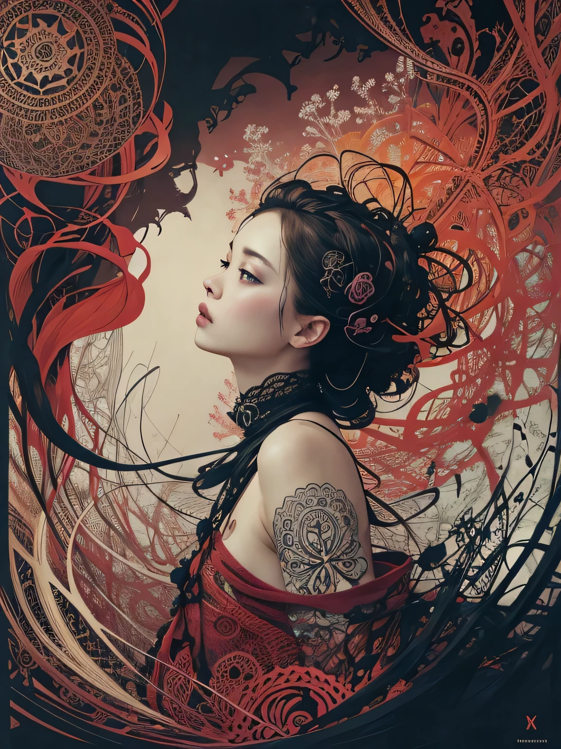 official art, unity 8k wallpaper, ultra detailed, beautiful and aesthetic, masterpiece, best quality, (zentangle, mandala, tangle, entangle), (fractal art:1.3) , 1girl, extremely detailed, dynamic angle, cowboyshot, the most beautiful form of chaos, elegant, a brutalist designed, vivid colours, romanticism, by james jean, roby dwi antono, ross tran, francis bacon, michal mraz, adrian ghenie, petra cortright, gerhard richter, takato yamamoto, ashley wood, atmospheric, ecstasy of musical notes, streaming musical notes visible