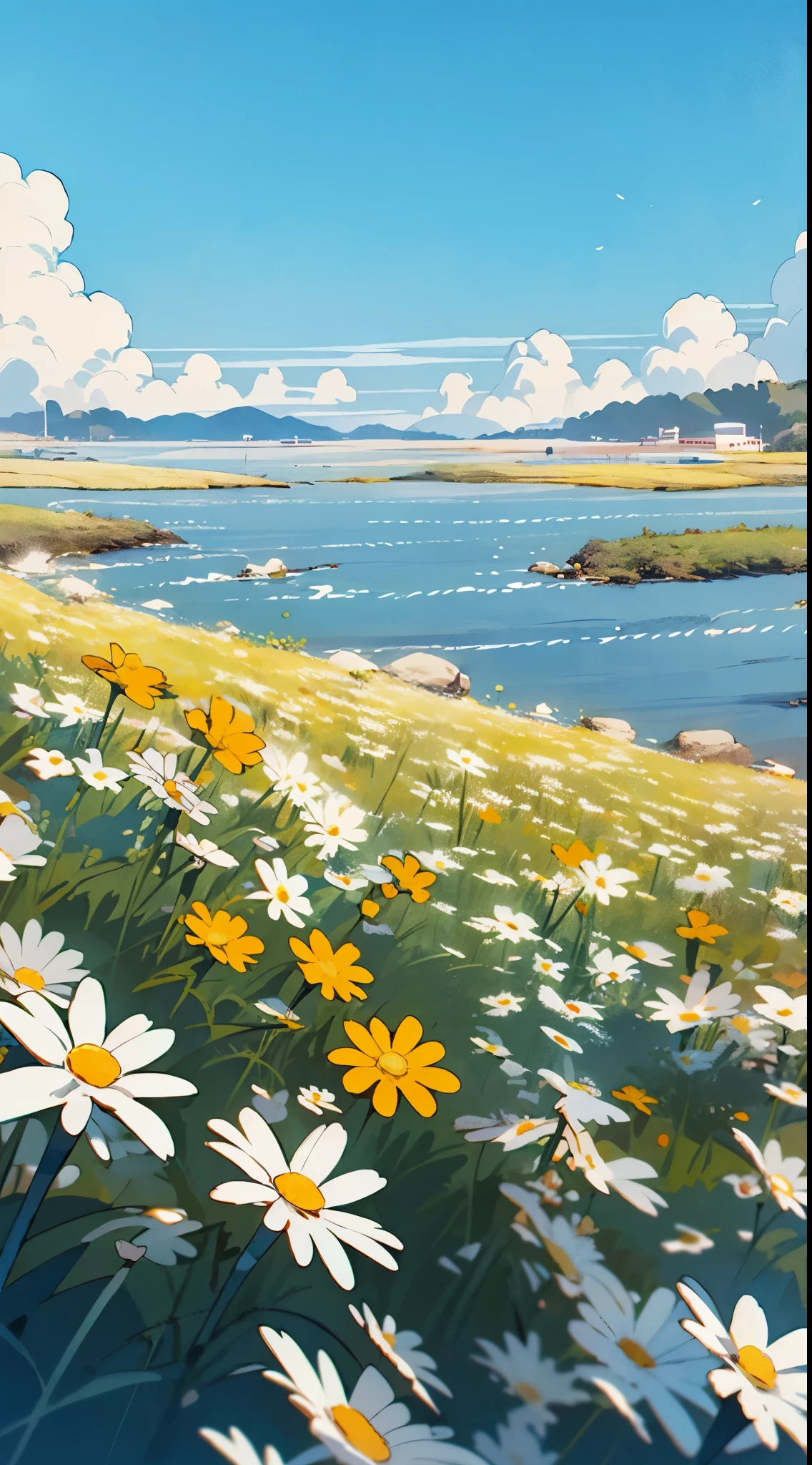 no humans, outdoors, flower, scenery, field, sky, white flower, day, horizon, ocean, flower field, yellow flower, blue sky, daisy, landscape, cloud, water, (illustration:1.0), masterpiece, best quality,