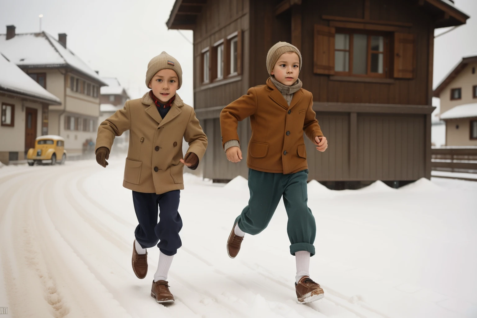Molching, Germany, 1939. ((((10-year-old)) Rudy Steiner)), very thin boy, athletic, bony legs, gangly eyes, running fast, racing another kid in the snowy street. ((((casual poor clothings from the 1930)))), ((light-blond hairstyle of the 1930s))