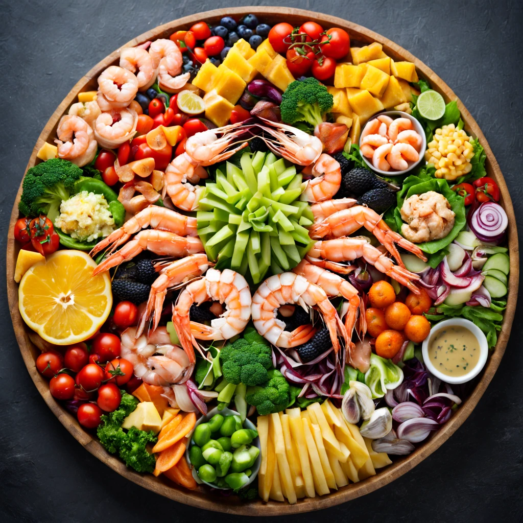 quality，super fine，beautiful，bright，colorful, world gourmet, multicolored vegetables, , various fruits, shrimp, seafood, Helicopter shot