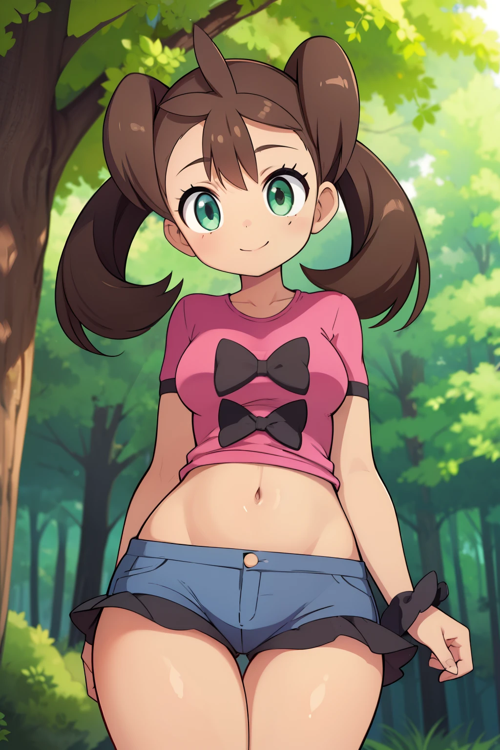 shauna, twintails, brown hair, brown skin, pink shirt, short shorts, (wide hips:1.5), thick thighs, scrunchie, bow, smile, forest, 