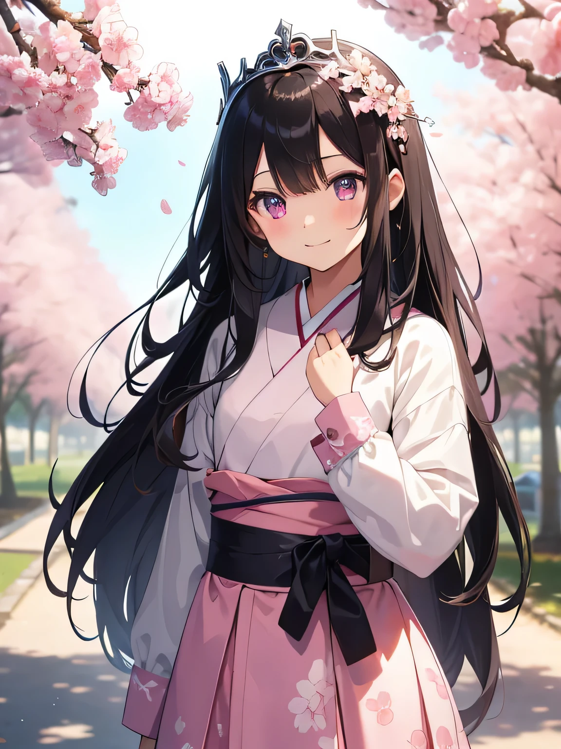 highest quality、best image quality、beautiful eyes、very delicate and beautiful、beautiful eyes、pink eyes、I、I、11 year old girl、Japanese、、Chiquita、Noble、primary school student、black hair、barefoot、(judo)、(((The lower body looks like a doronjo)))、(High leg)、tiara on head、dull smile、standing and facing forward、The background is a row of cherry blossom trees