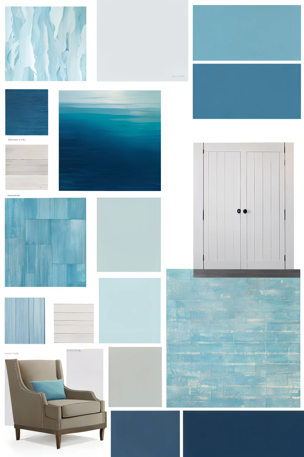An interior mood board with a blue marine accent: "--s2
A tranquil and serene ambiance fills the scene as we delve into this exquisitely crafted interior mood board. The blue marine accent takes center stage, adorning every inch with a calming and invigorating aura. The walls are painted in the softest shade of turquoise, evoking the calming depths of the ocean.
Delicate accents of lighter blues peek out from behind white wainscoting or within the stitching of plush upholstery. The flooring, a tasteful blend of aged, bleached wood and cool, blue-veined stone,
