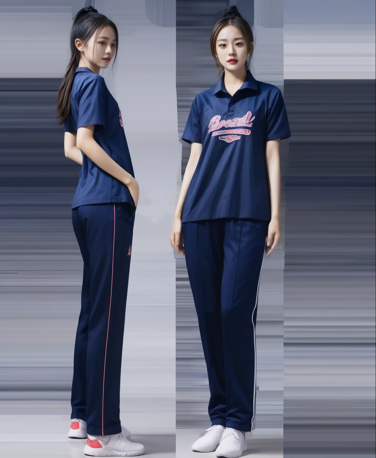 (best quality,10,10,height,Masterpiece:1.2),Special details,(realistic,ภาพrealistic,Realistic photos:1.37),1 cute girl on the football field,shiny, ผิวshiny,only,smile softly,BDclothelue shirt:1.3)),short sleeve,shirt, กางเกงขาlong.,(navy_long_track pants:1.1), ((stadium background:1.3)),Dynamic angle,excited,Face focus,dynamic poses,from behind,focus on ass,Masterpiece, best quality, ultra realistic, hyper-detail, 8K resolution, raw photos, Sharp focus, ((Navy blue shirt:1.1)), short sleeve, เส้นทางlong, perfect body, 2 mature women, 18 years old, Cinema-grade lighting system,blue sweatpants,shirtผ้าออกกำลังกาย,correct anatomy,perfect body, correct body, Sharp face, correct bodyทางกายวิภาค, full body, realistic gestures, long-haired, realistic poses,Wear long shorts................................,ช่วงขาlong,Good shape,carved girl, Slender figure, model, Good shape, beautiful body,blue sweatpants, two girls kissing