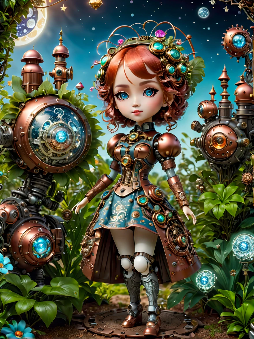 Pixar style, (Blind box toy style:1.2), (full-body shot) , A cute mechanical doll dressed in retro-style clothes stands in a fantasy garden full of steampunk elements. Its body is made of exquisite copper and silver parts, and its eyes are like two glowing gems. Surrounding it are various strange plants and clockwork animals, with a background featuring a huge moon and a starry night sky, Clean, White background, (global illumination, Ray tracing, high dynamic range, Unreal rendering,Reasonable design, high detail, masterpiece, best quality, ultra high definition, light),Chibi,locomotive,3d style