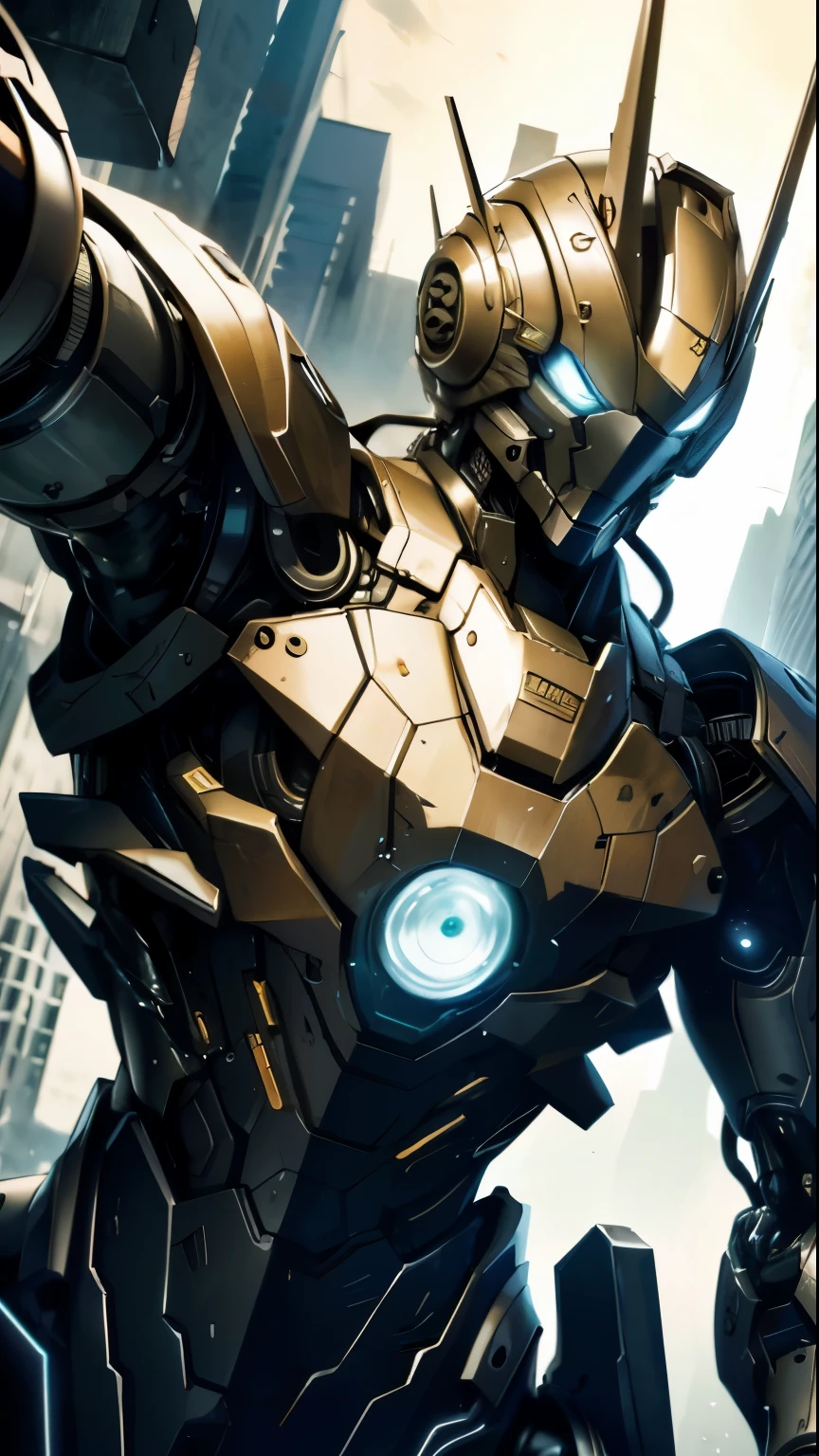 0ORAISER Photos,Professional RAW color photos,(Standing alone in front of the mobile suit),up,up to detail,Mechanical Lady,cockpit,((Mechanical arm、mechanical body、Mechanical head、Mechanical lower body、Sense of future technology),armature,Thruster,Host,joint,Urban ruins,Background details,overlooking angle,(huge feeling)