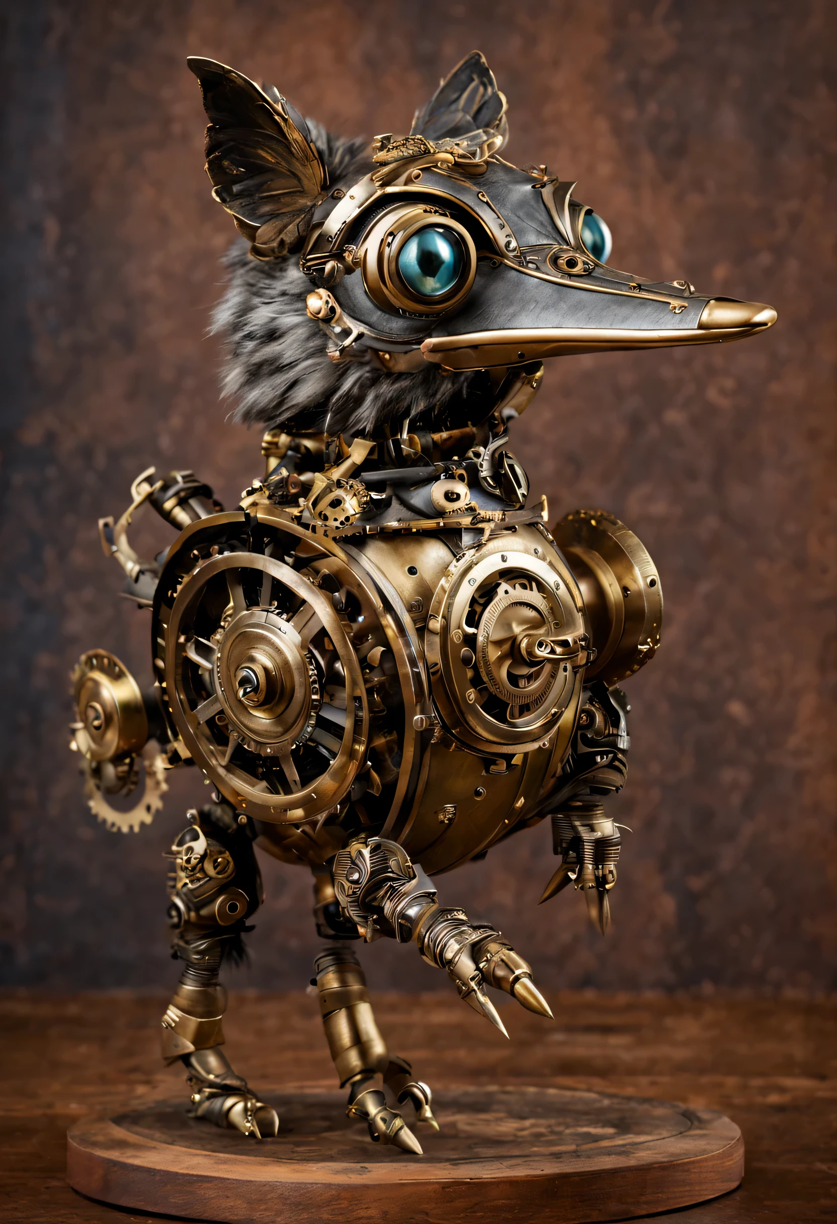 Create a captivating steampunk-style mechanical puppet animal, blending the elegance of Victorian-era aesthetics with intricate clockwork mechanisms. Imagine a fantastical creature that could have stepped out of a Jules Verne novel, a masterpiece of gears, brass, and steam. This mechanical marvel should embody both the charm of a puppet and the complexity of a machine. Picture a whimsical animal, such as a fox, owl, or turtle, transformed into a steampunk wonder with gears for joints, delicate clock hands for feathers or scales, and steam pipes adding a touch of realism. The design should be both visually stunning and functional, with each part serving a purpose in the creature's imaginary world. Whether it's perched on a Victorian-style pedestal or captured mid-motion, bring this steampunk puppet animal to life with your artistic vision!