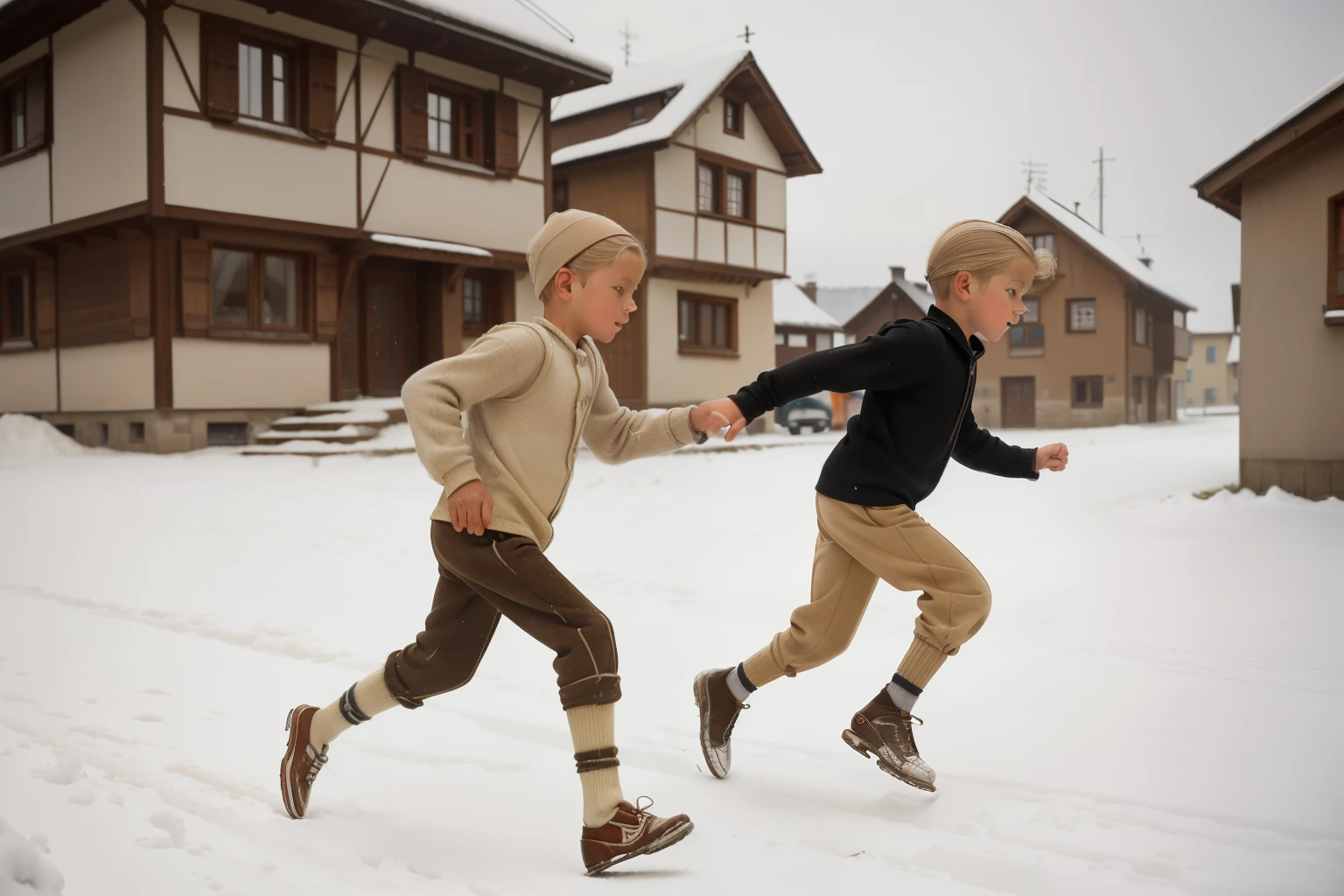 Molching, Germany, 1939. ((Side view)), ((((-yeld)) y Steiner)), very thin boy, athletic, bony legs, gangly eyes, running fast, racing another kid in the snowy street. ((((casual poor clothings from the 1930)))), ((light-blond hairstyle of the 1930s))