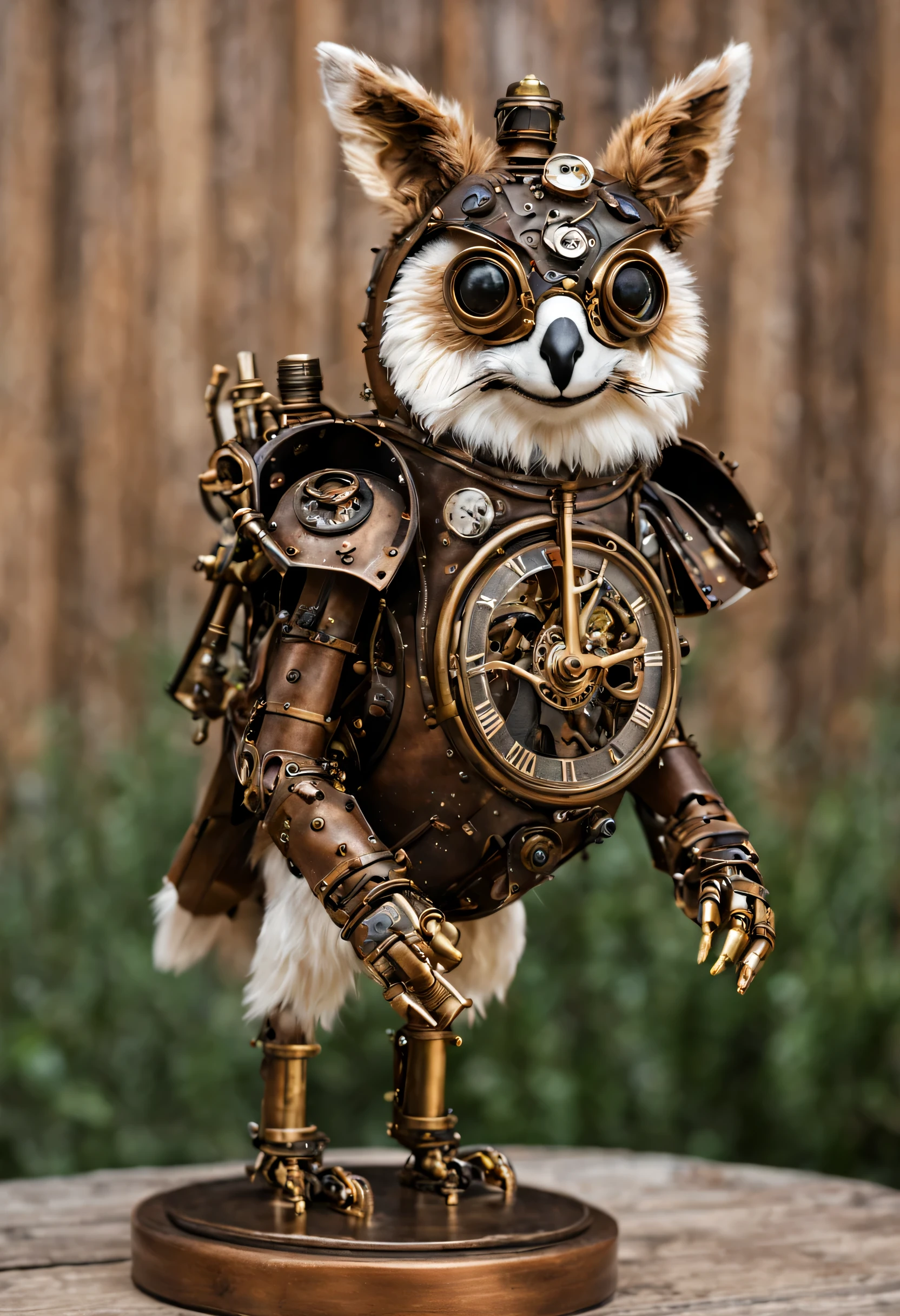 Create a captivating steampunk-style mechanical puppet animal, blending the elegance of Victorian-era aesthetics with intricate clockwork mechanisms. Imagine a fantastical creature that could have stepped out of a Jules Verne novel, a masterpiece of gears, brass, and steam. This mechanical marvel should embody both the charm of a puppet and the complexity of a machine. Picture a whimsical animal, such as a fox, owl, or turtle, transformed into a steampunk wonder with gears for joints, delicate clock hands for feathers or scales, and steam pipes adding a touch of realism. The design should be both visually stunning and functional, with each part serving a purpose in the creature's imaginary world. Whether it's perched on a Victorian-style pedestal or captured mid-motion, bring this steampunk puppet animal to life with your artistic vision!