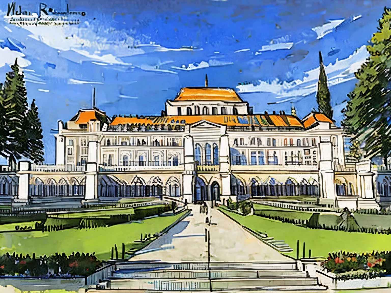 Draw a watercolor painting of Romania&#39;s huge horizontal national palace.。