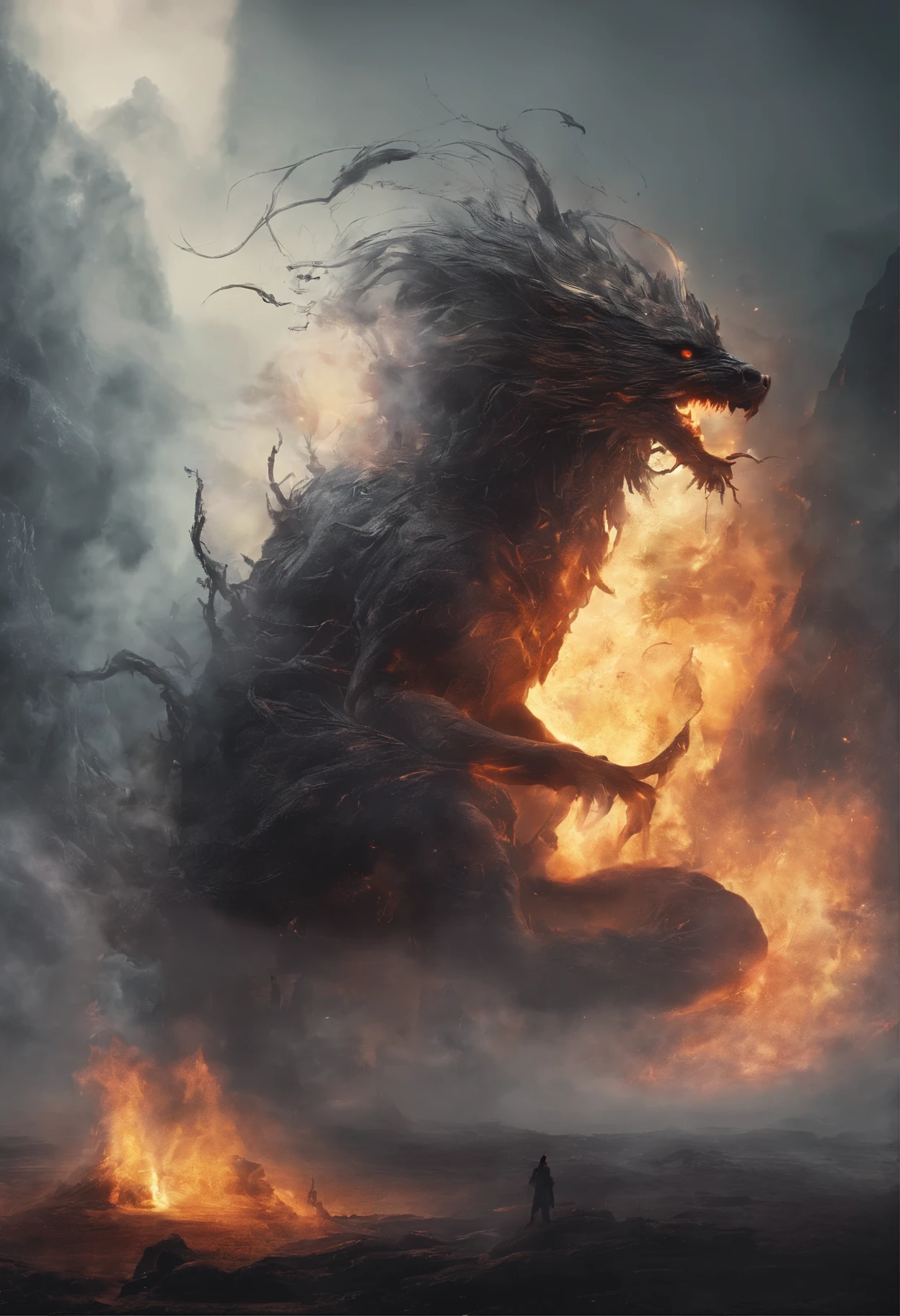 Mystical creature&#39;un autre monde, ambiance terrifiante, feu, smoke, hyperréalisme, High quality, chef-d&#39;artwork