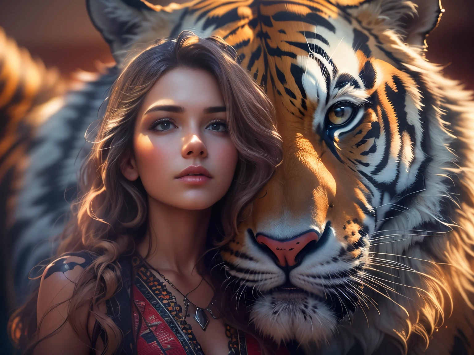 photorealistic, high resolution, close-up, 1 beautiful woman, long wavy hair, wearing tribal apparel, lean back on big tiger, soft volumetric light, (backlit:1.3), (motion picture:1.2), intricate detailed, dramatic, chromatic aberration.