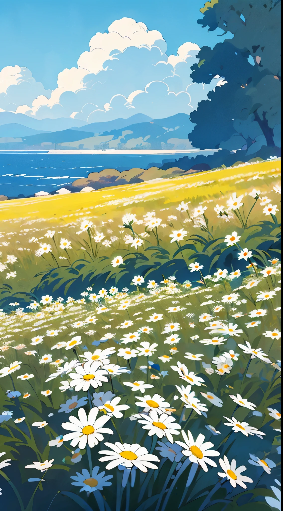 no humans, outdoors, flower, scenery, field, sky, white flower, day, horizon, ocean, flower field, yellow flower, colorful flowers, blue sky, daisy, landscape, cloud, water, (illustration:1.0), masterpiece, best quality, 